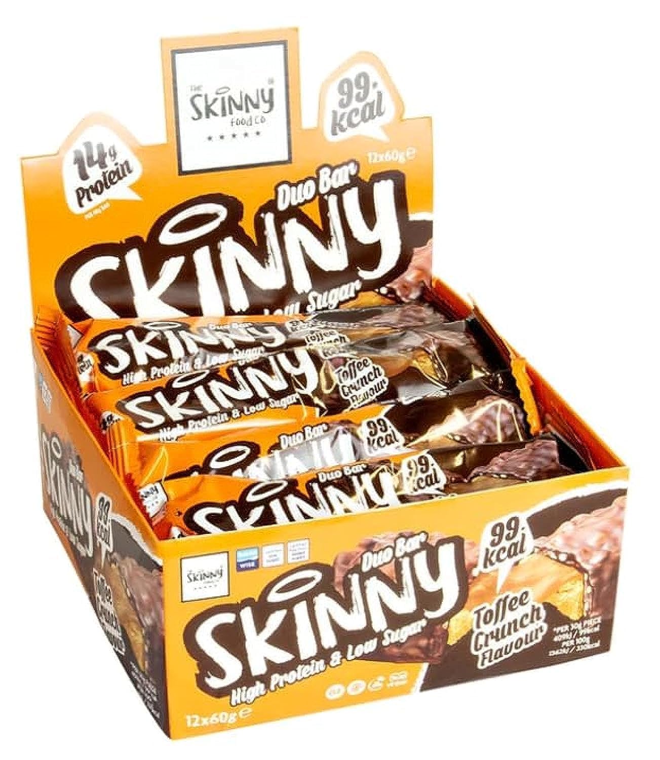 The Skinny Food Co14 gm High Protein bar,Vegetarian & Vegan Friendly, Gluten Free & Coeliac Friendly Low Sugar protein chocolate Bar pack of 12 x 60 gm (TOFFEE CRUNCH)