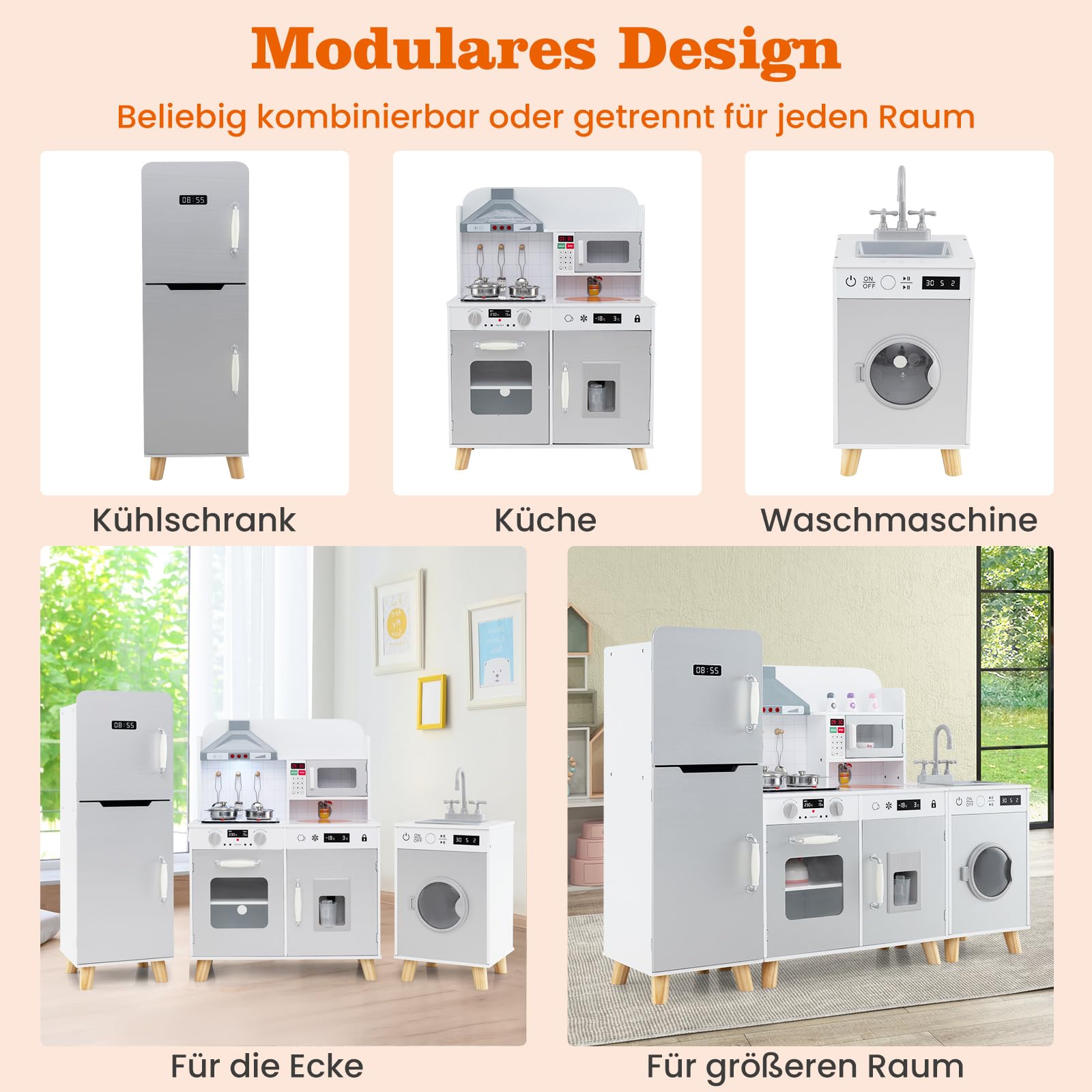 GOPLUS Kinderküche, Kinder Spielküche mit Waschmaschine, Eiswürfelbereiter, Mikrowelle & Utensilien, mit Herd, Spüle, Ofen, mit Licht und Sound, Spielzeugküche für Jungen & Mädchen ab 3 Jahren (Grau)