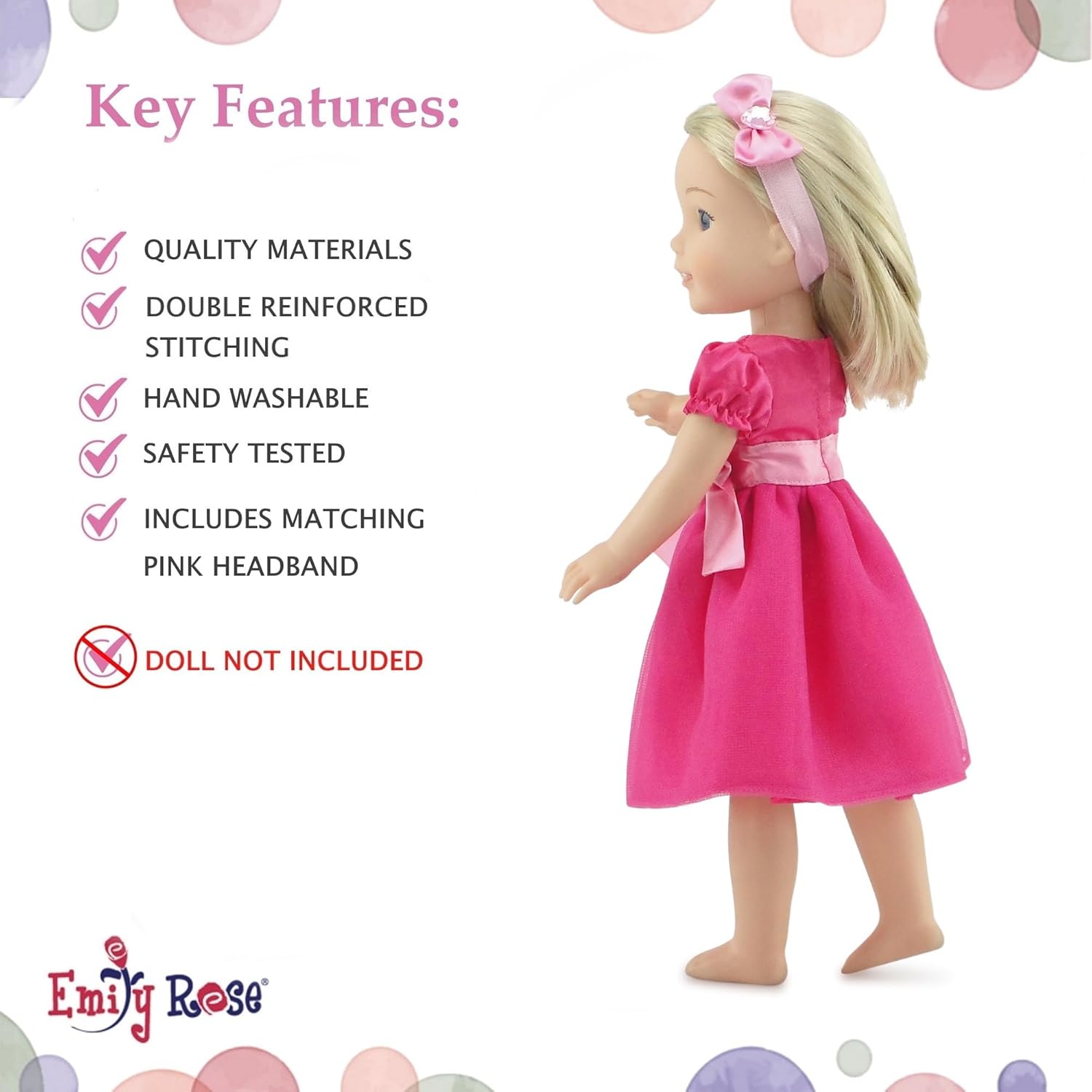 Emily Rose 14.5 Inch Doll Beautiful 14" Doll Jeweled Pink Party Dress, Includes Matching Headband Accessory | Perfect for Valentine's Day!