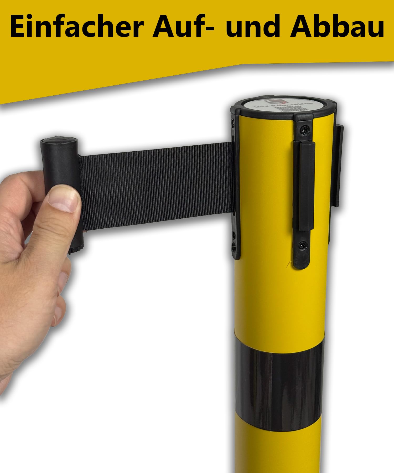 UvV BounceLine Personenleitsystem, Absperrpfosten, Edelstahl gelb beschichtet, 2 Pfosten 90 cm Hoch je 3 m Gewebeband (Stahl 8 kg (Heavy), gelb schwarz/gelb)