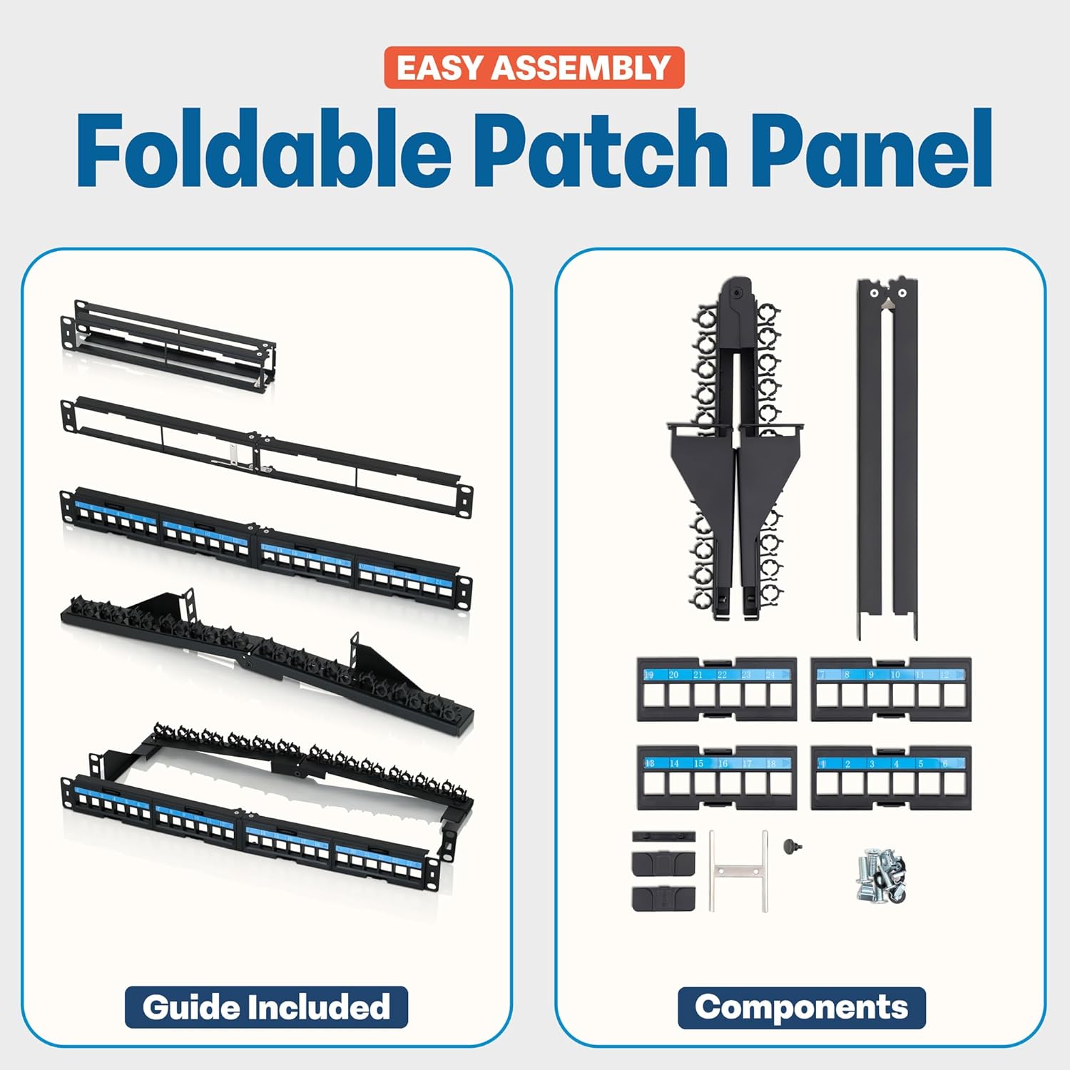 Everest 24 Port Keystone Patch Panel (2-Pack) - Removable 6-Port Panels - Use with Slim Profile Keystones ONLY (Wider Jacks May not fit Side by Side) - with Adjustable Rear Cable Management Bar