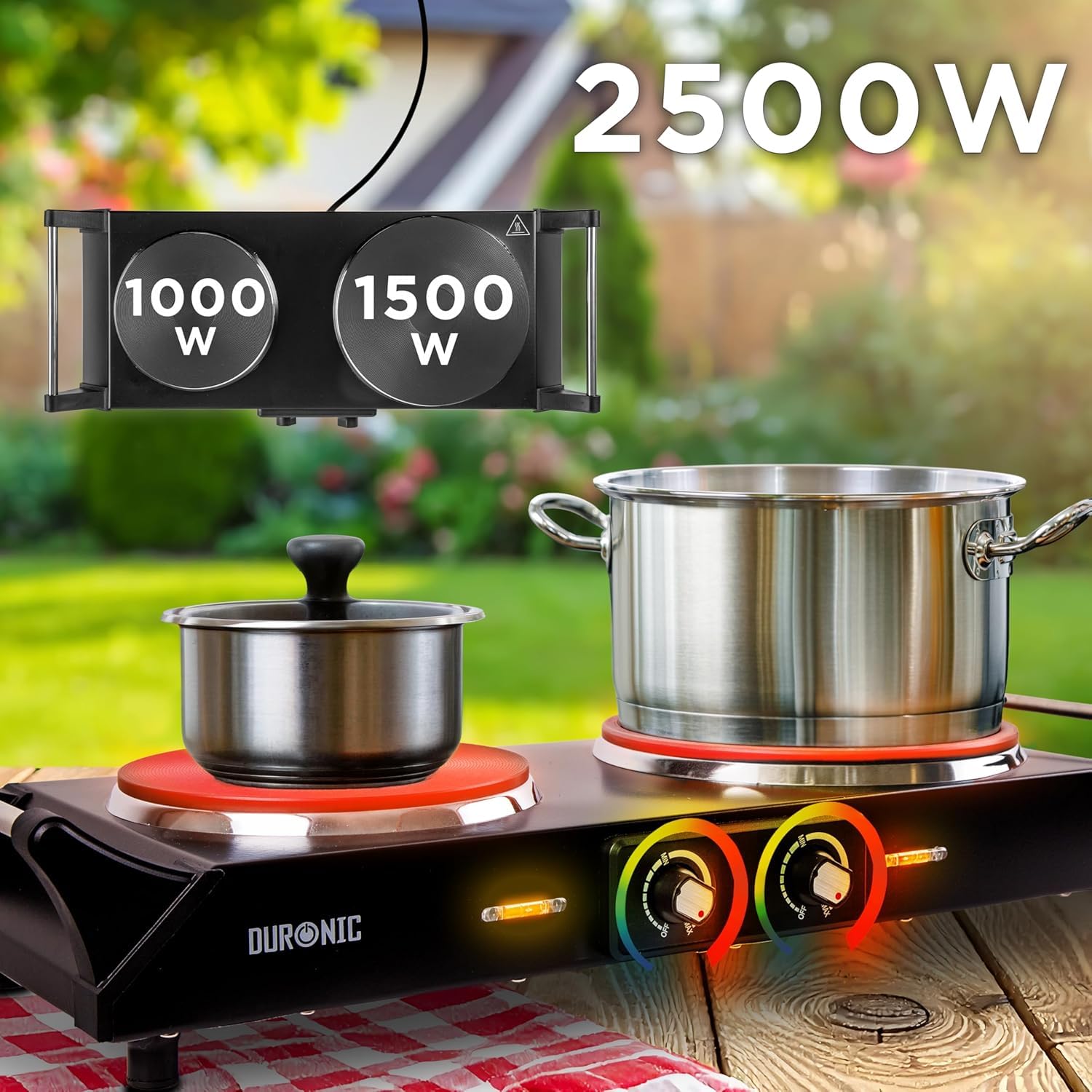 Duronic HP2 BK Fornello Elettrico 2500W 2 Piastre in Ghisa 2 Fuochi Nero | Temperatura regolabile, manici per il trasporto, piano cottura portatile, ideale per campeggio, casa, ufficio e cucina