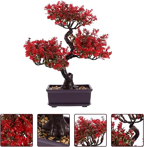 Miniatura 8 de HOMSFOU Plantas artificiales en maceta para decoración del hogar, árbol bonsái sintético rojo, pequeñas plantas falsas para decoración de cocina,