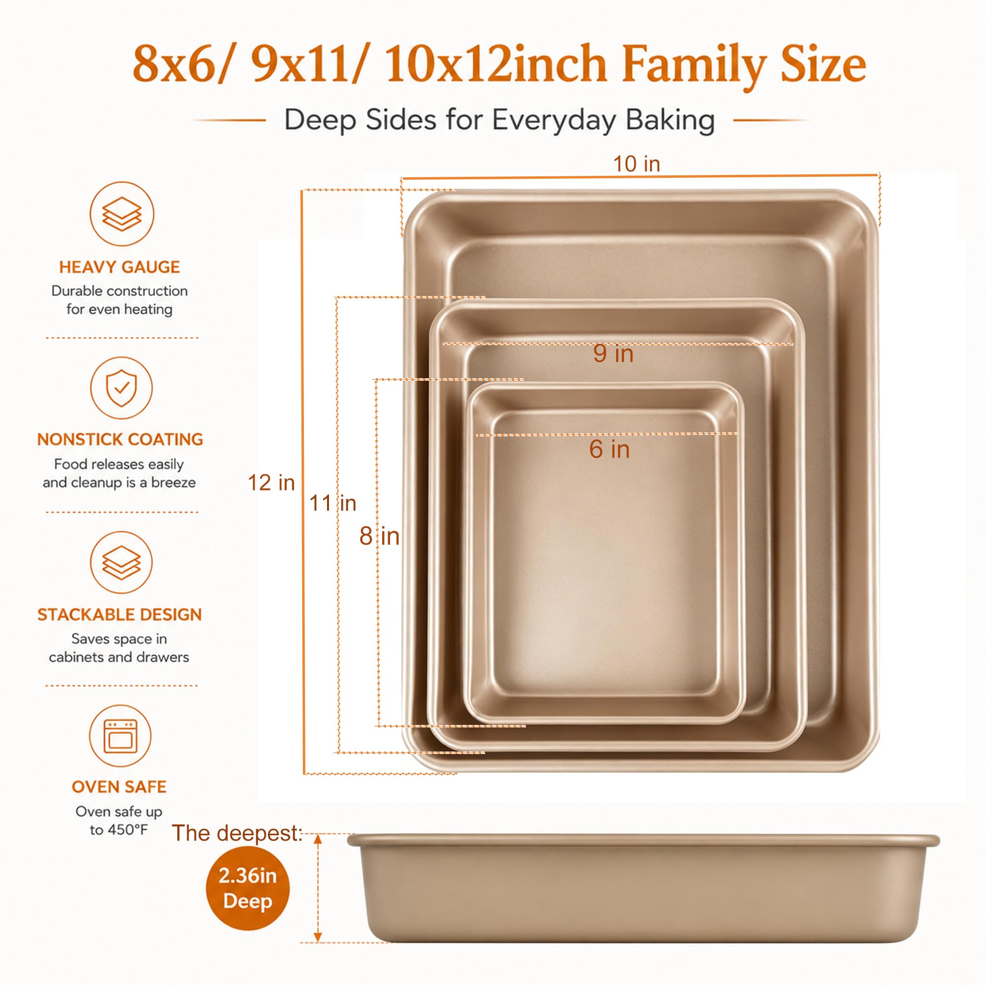 Tiefes Backformen-Set, 3-teilig, rechteckig, für Kuchen und Bräter, goldfarben | Tiefe Backformen, 3er-Set, 2,9/11/33 cm, antihaftbeschichtet, stapelbar, tiefes Ofenblech, robustes Backgeschirr für Brownies