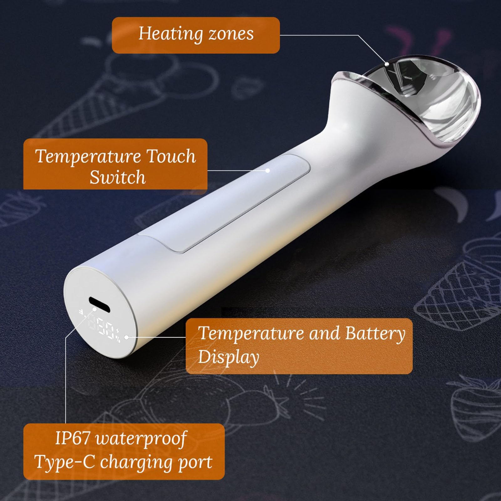 Cuillère à crème glacée électrique à fusion rapide, batterie 2000 mAh, étanche IP67, passe au lave-vaisselle, en acier inoxydable de qualité alimentaire, rechargeable par USB C