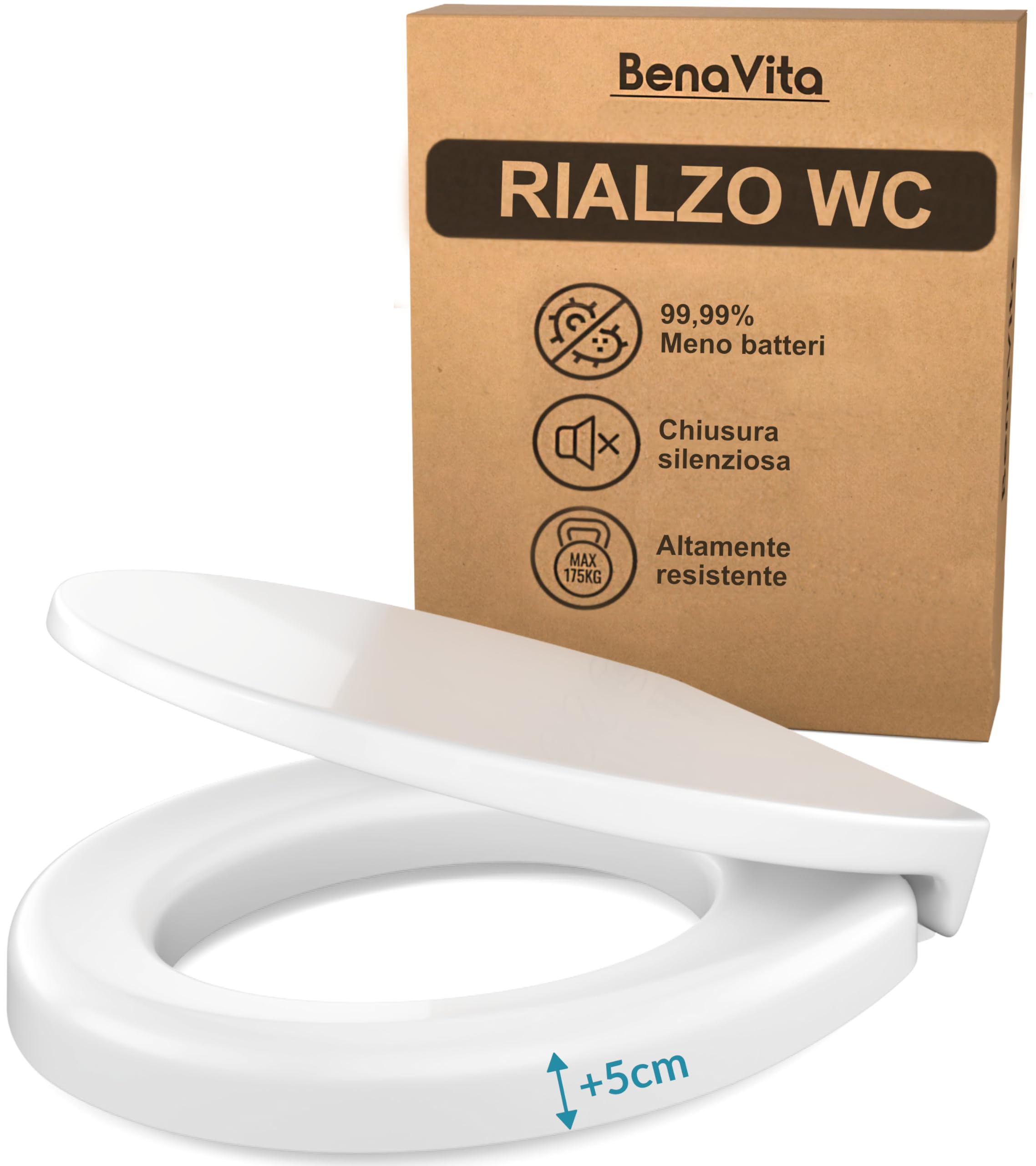 Rialzo WC Premium 5 cm in Duroplast (Fissaggio Inferiore) | WC per anziani e persone con mobilità ridotta, per maggiore comfort, con chiusura ammortizzata, Portata fino a 175 kg