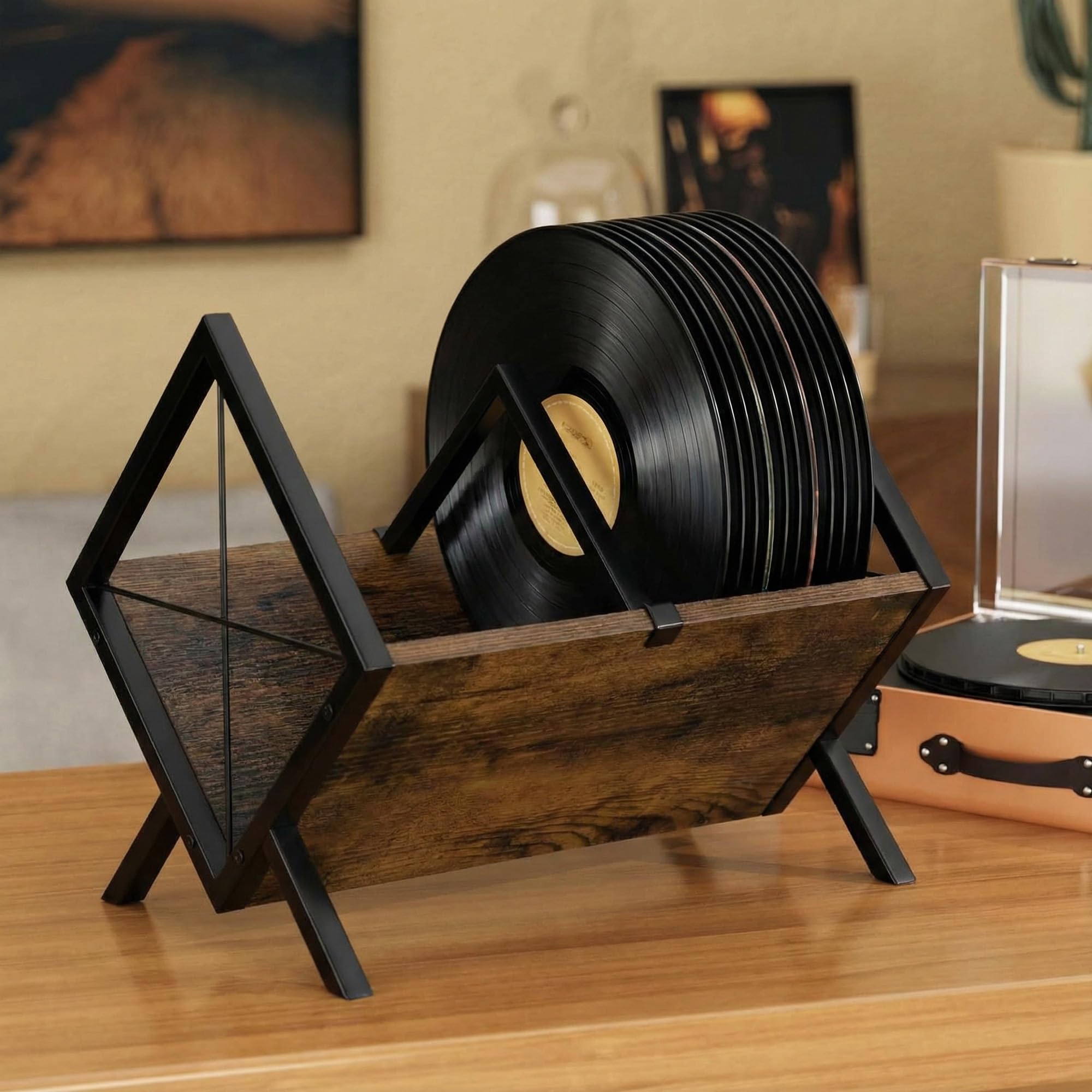 Lifegogo Brown Vinyl Record Storage Rack: Wood and Metal Holder for 80 LPs