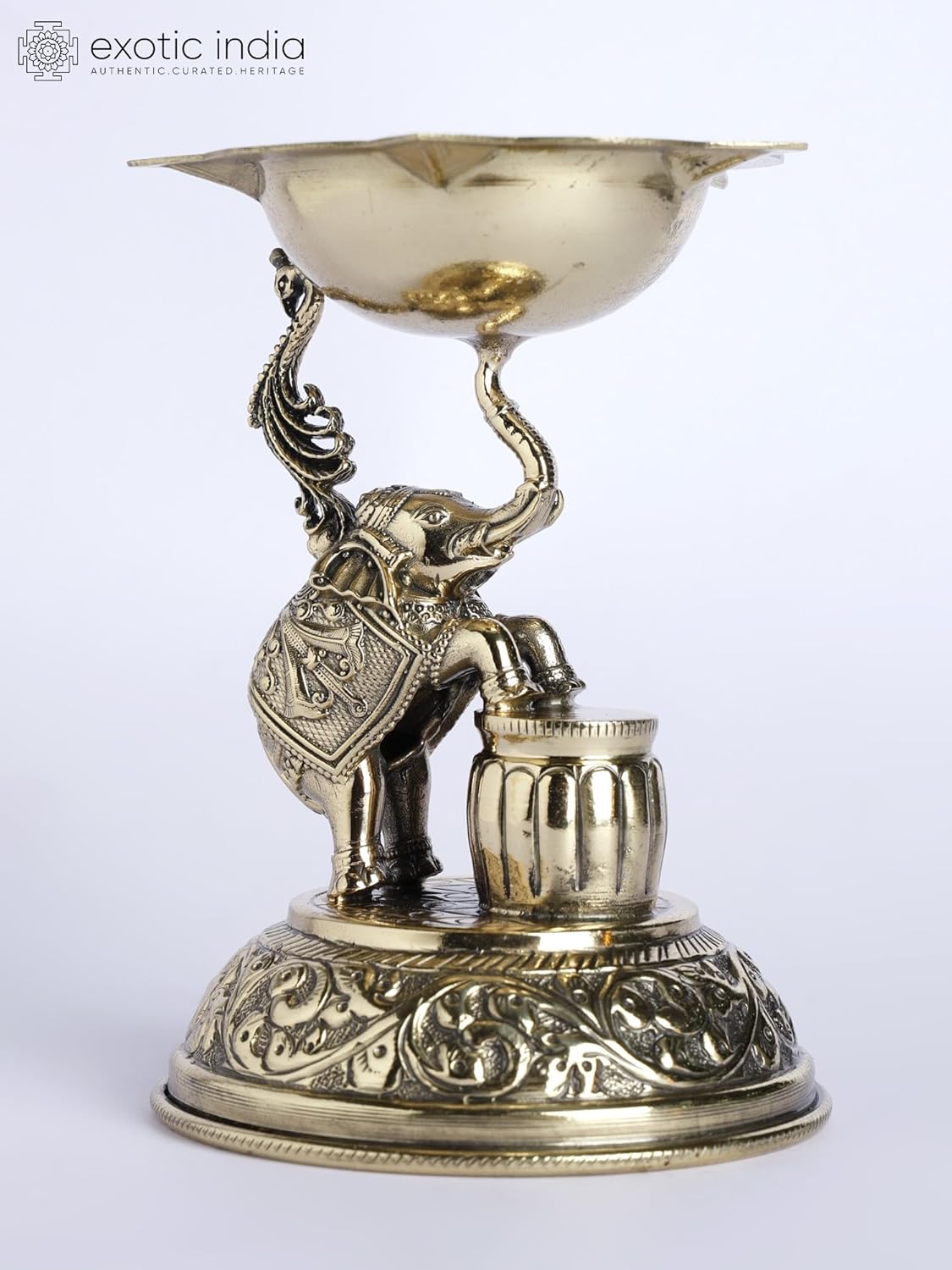 Exotic India Small Size Superfine Brasss Elephant Deepak Beautifully Detailed Oil Diya for Pooja, Gifting and Home Decor