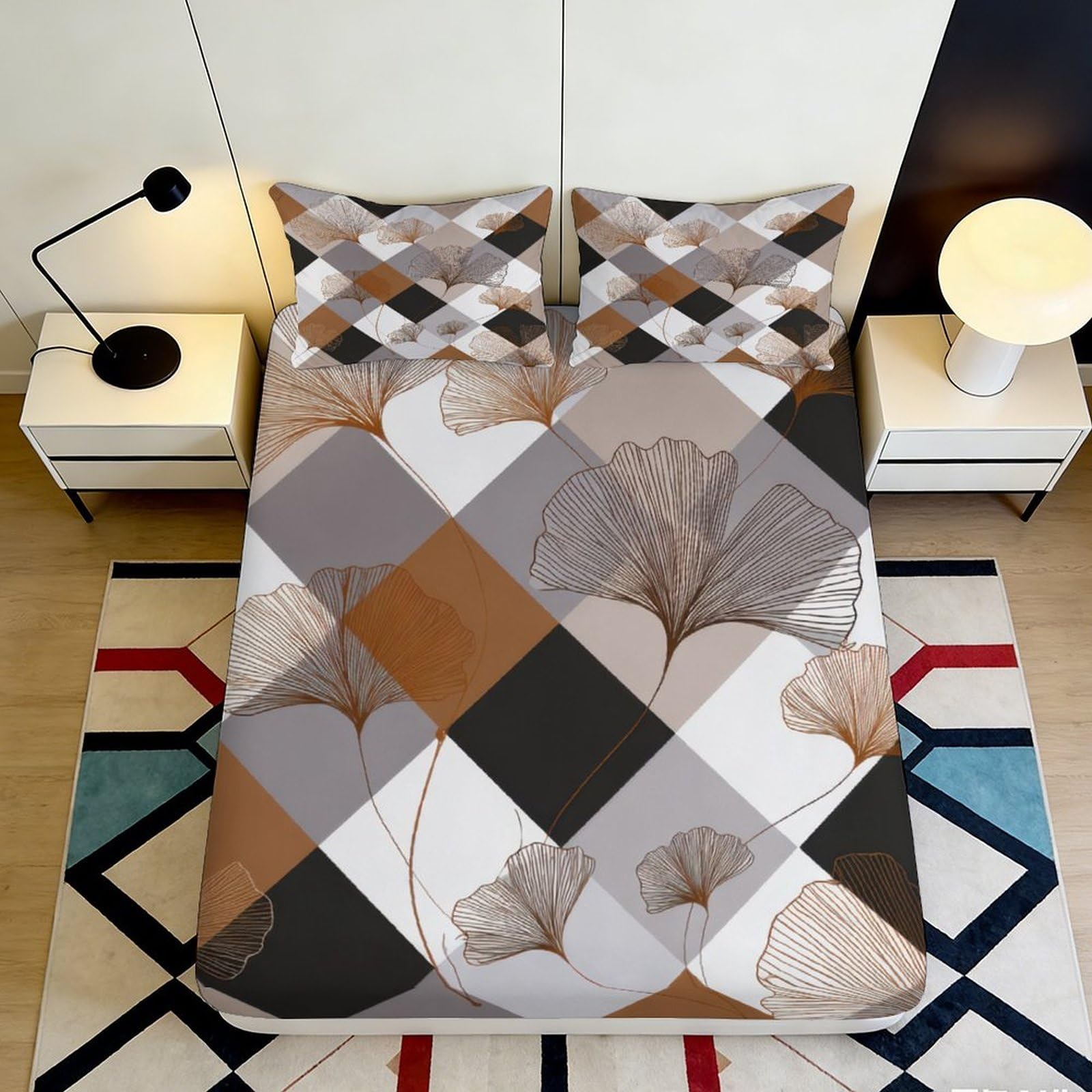 3D Printed Geometric Patchwork Fitted Sheet Microfiber Soft Breathable Floral Bed Sheet for Bedroom Guest Room Decor 90x200x25cm