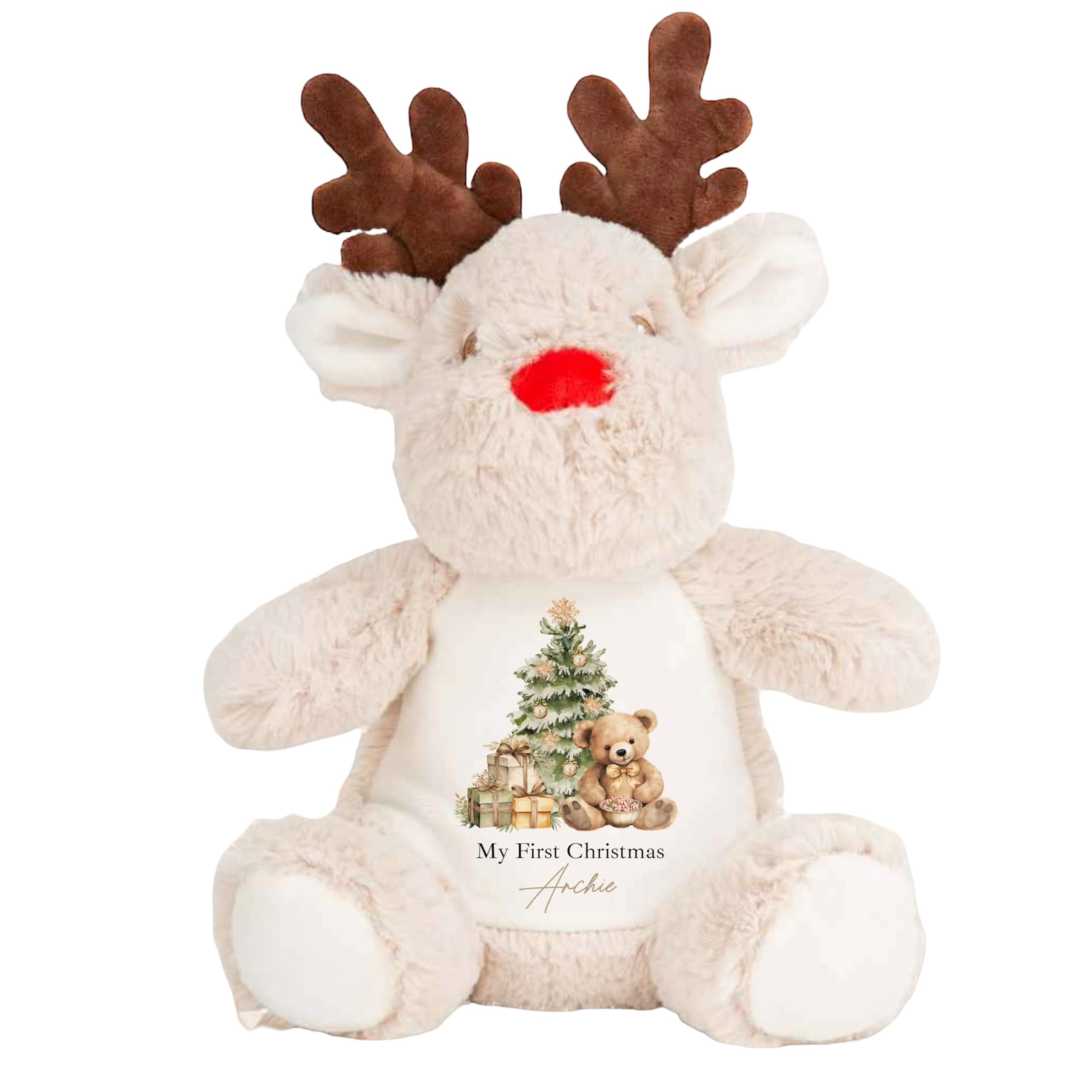 allaboutthebump Personalised First Christmas Plush Toy, White and Grey Penguin Reindeer Bunny, 23-34cm, Customisable Name Brown Bear Design, Soft Baby Gift = (Reindeer)