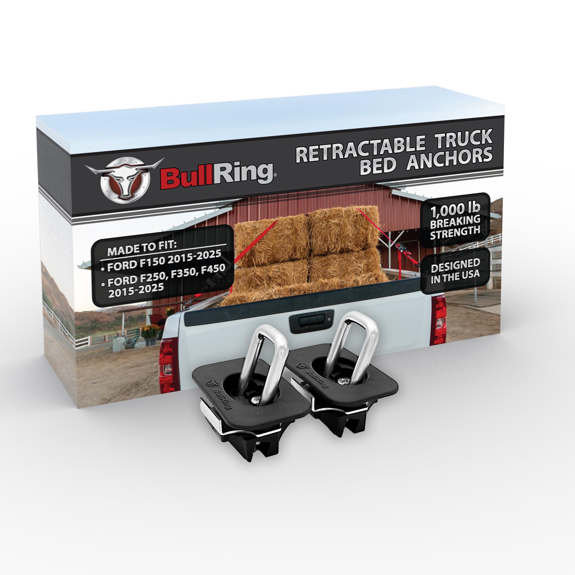 Bull Ring 4045 Flush Fit 35° Degree Angle Retractable Truck Bed Tie Down Anchors, Compatible with Ford 2015-2020 F150, 2017-2020 F250 F350 & F450 Trucks (1 Pair)