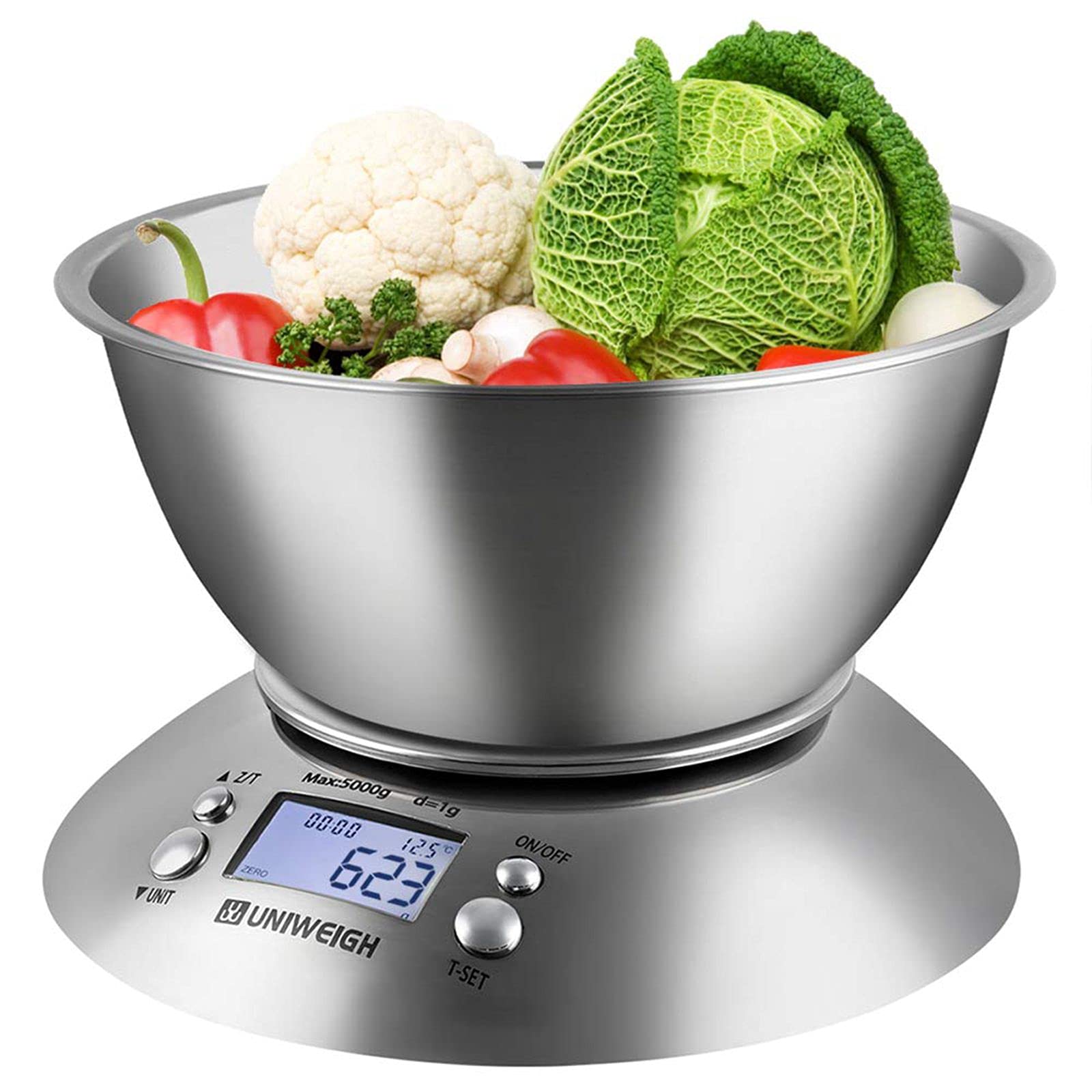 UNIWEIGH Food Kitchen Scale Bowl,Digital Gram and OZ for Cooking,Baking,Dieting,Weight Loss,with Removable Bowl 2.15L Volume, Room Temperature,Timer, Backlight LCD Display, Stainless Steel, 11lb/5kg