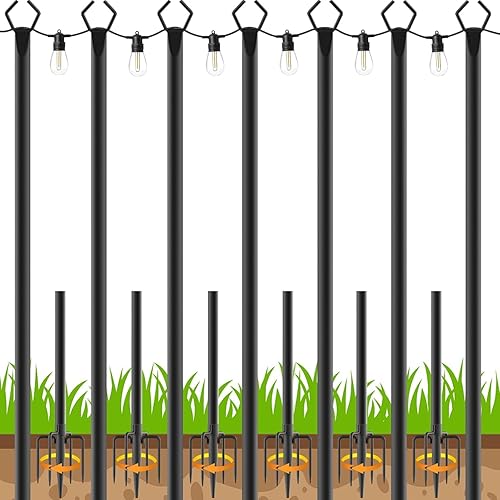 Miniatura 13 de Pack de 6 postes para luces de cadena, poste de luz de cadena para exteriores de 10 pies con horquilla de metal con soporte ajustable para