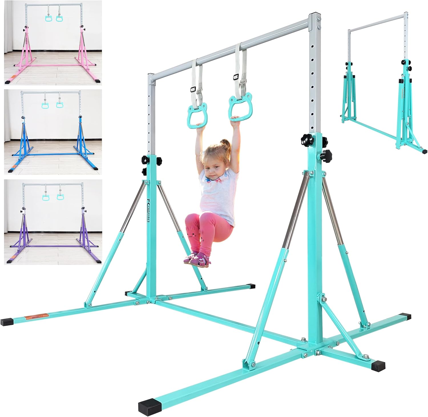 Foldable Gymnastics Bar,5FT Horizontal bar,Adjustable Kids Training bar for Kids Ages 3-15,Kids Gymnastics bar,Triangle Stable Structure-Gym Equipment for Home 5FT Foldable with rings Teal