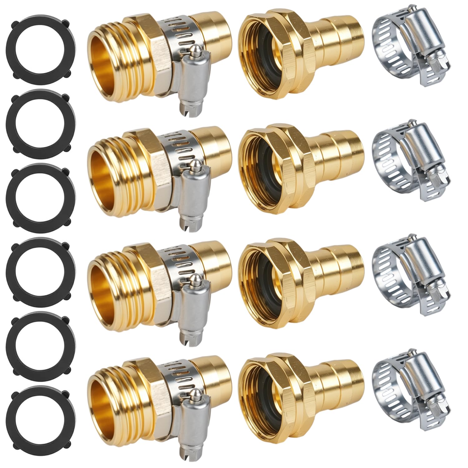 4 Set Garden Hose Repair Connector Kit with Clamps, Fit for 3/4" or 5/8" Garden Hose Fittings, Male and Female Garden Water Hose Repair Kit (3/4" GHT Garden Hose Adapter)