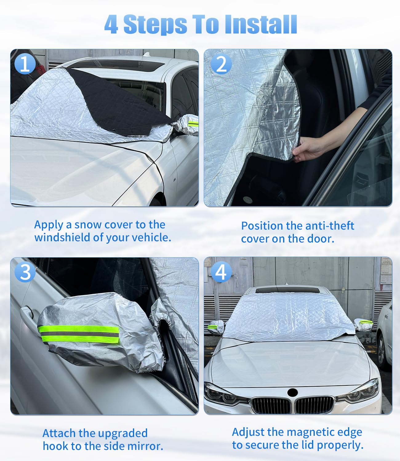 Bache Voiture Dégivreur Pare Brise et Rétroviseurs Latéraux, 5couches Protection Pare Brise Hiver for SUV, Camping-cars, Camionnettes et Camions, Bache Protection Voiture et Sangle D'accrochage