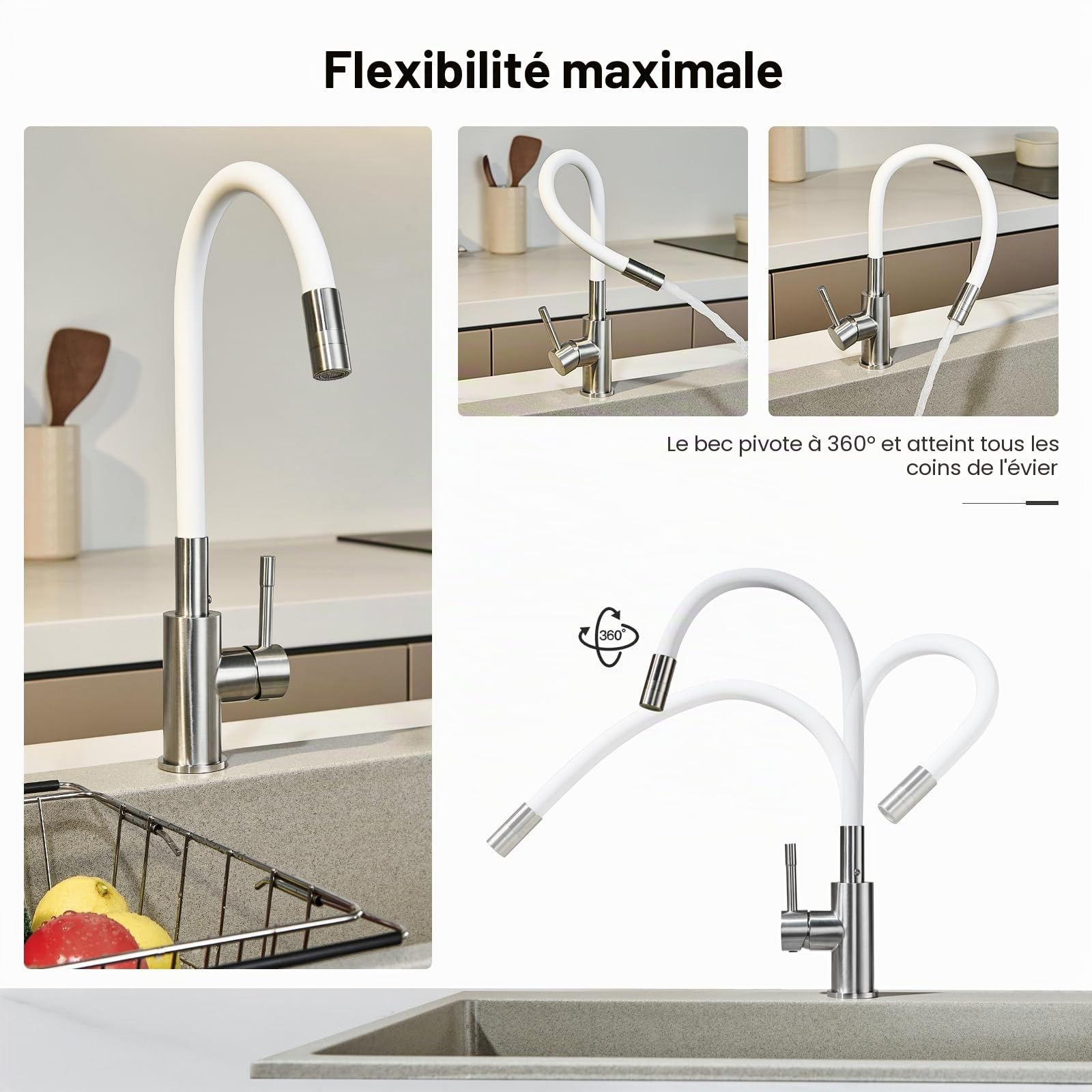 CECIPA Robinet de Cuisine Flexible, Mitigeur Cuisine Blanc Flexible Acier en Inoxydable 304, Mitigeur 2 Jets Mousse/Pulvérisation Pivotant 360°, Robinet d'Évier Haute Pression Économie d'Eau 40%