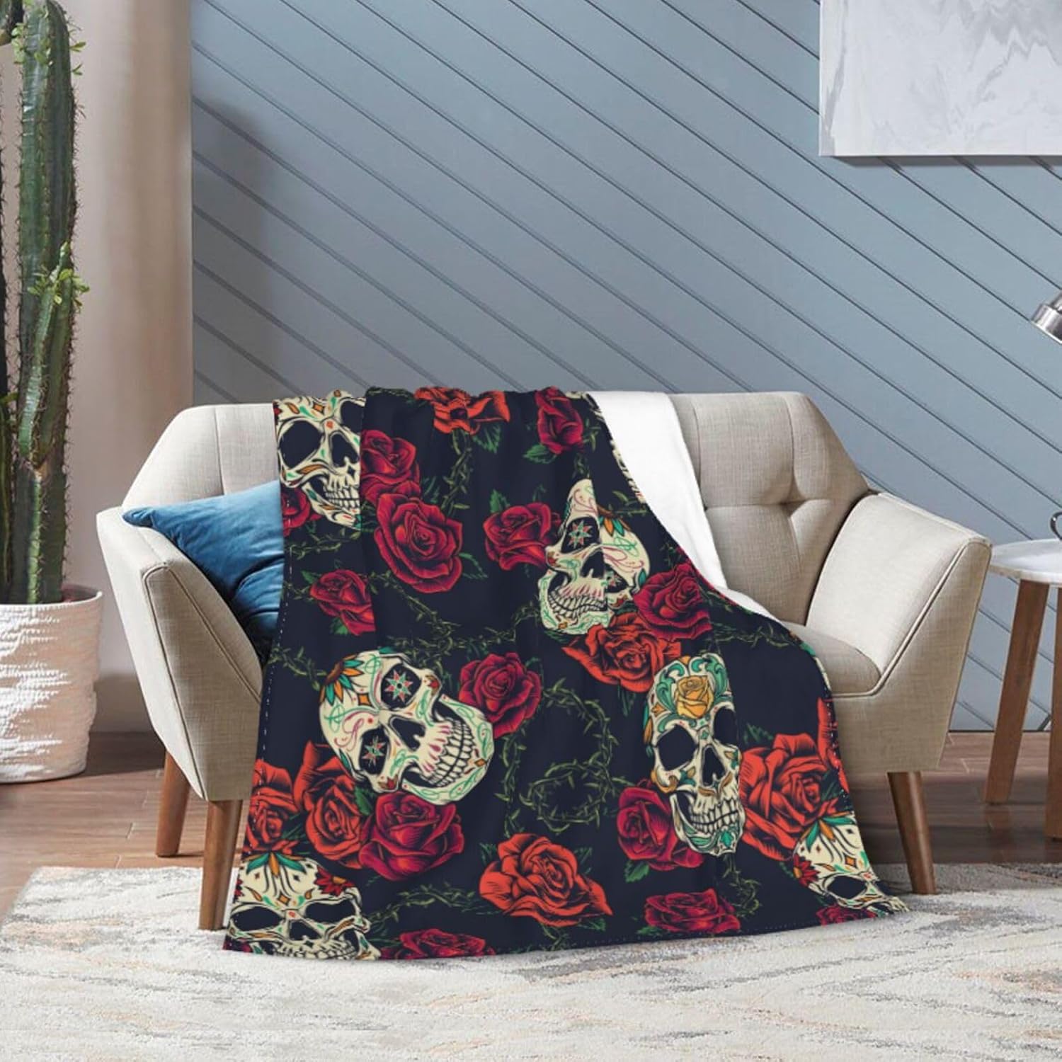 Rose Skull Elegant Flower Blanket Soft Comfy Flannel Throw Blankets Lightweight Warm Bed Throws Plush for Couch Sofa Camping Office Travel Home Bedroom Decor Cool Men Women Girls Boys Gifts 60"X50"