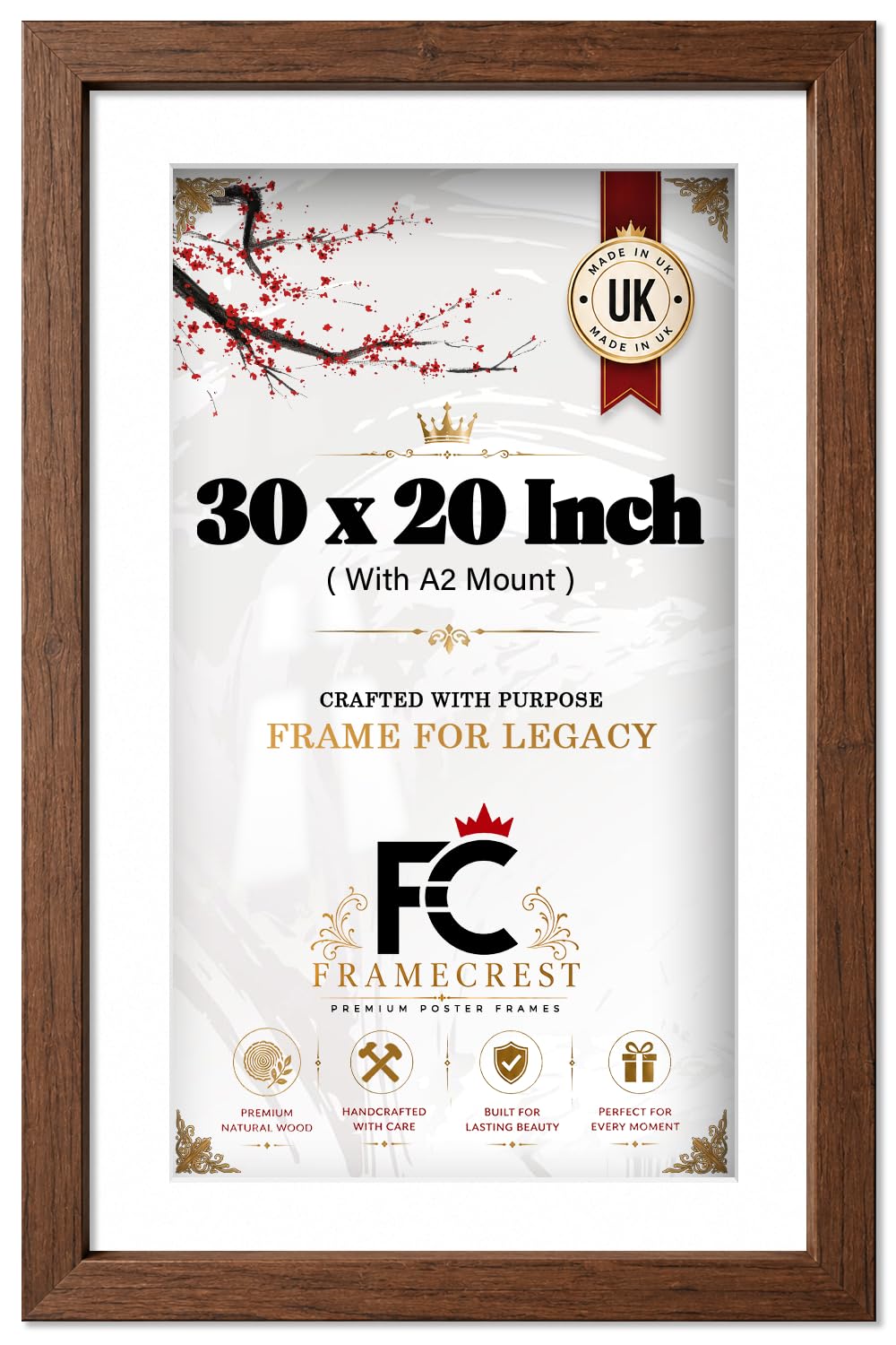 FRAMECREST LTD 30x20 Inch Poster Frame with A2 Mount - Large Wall Picture Frame for Landscape Photography & Movie Posters - Lightweight Shatterproof Plastic with Professional Gallery Mat [Walnut]