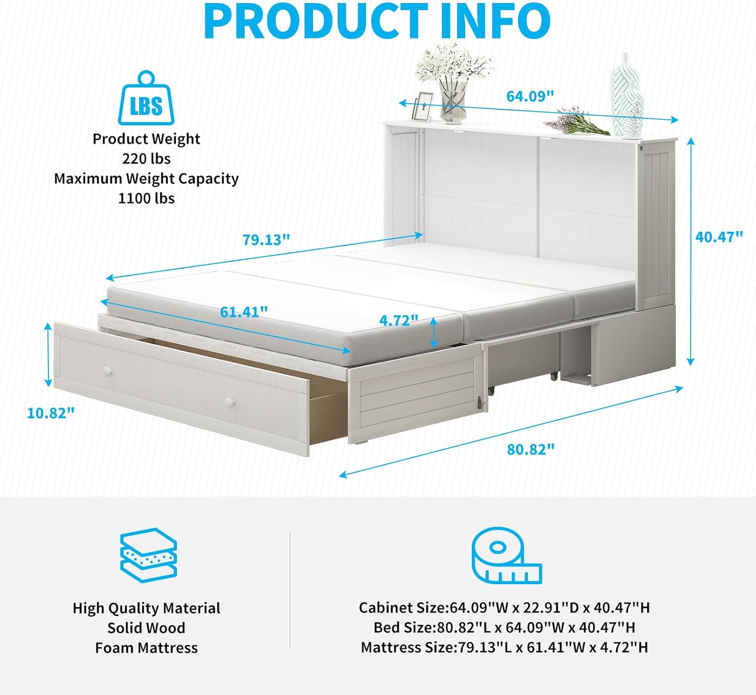 Mjkone Murphy Bed, Queen Size Cube Cabinet Bed with USB Charging Station and Foldable Panel, Murphy Cabinet Beds with Tri-Folding Mattress and Storage Drawers for Bedroom/Office/Guest Room, White