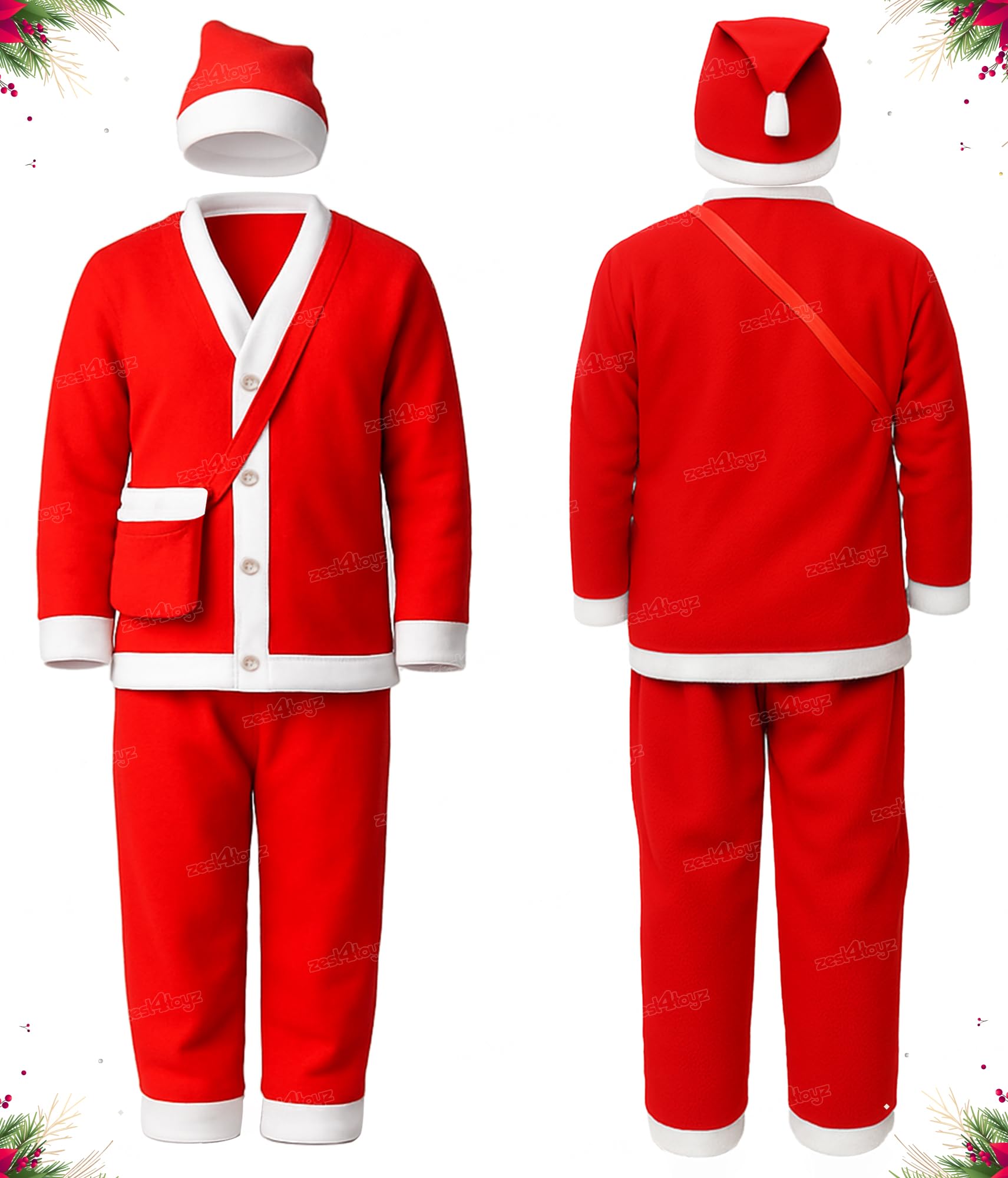 Zest 4 Toyz Santa Claus Dress for Kids Christmas Costume Dress with Jacket Pant Cap and Pouch Santa Dress for Boys and Girls