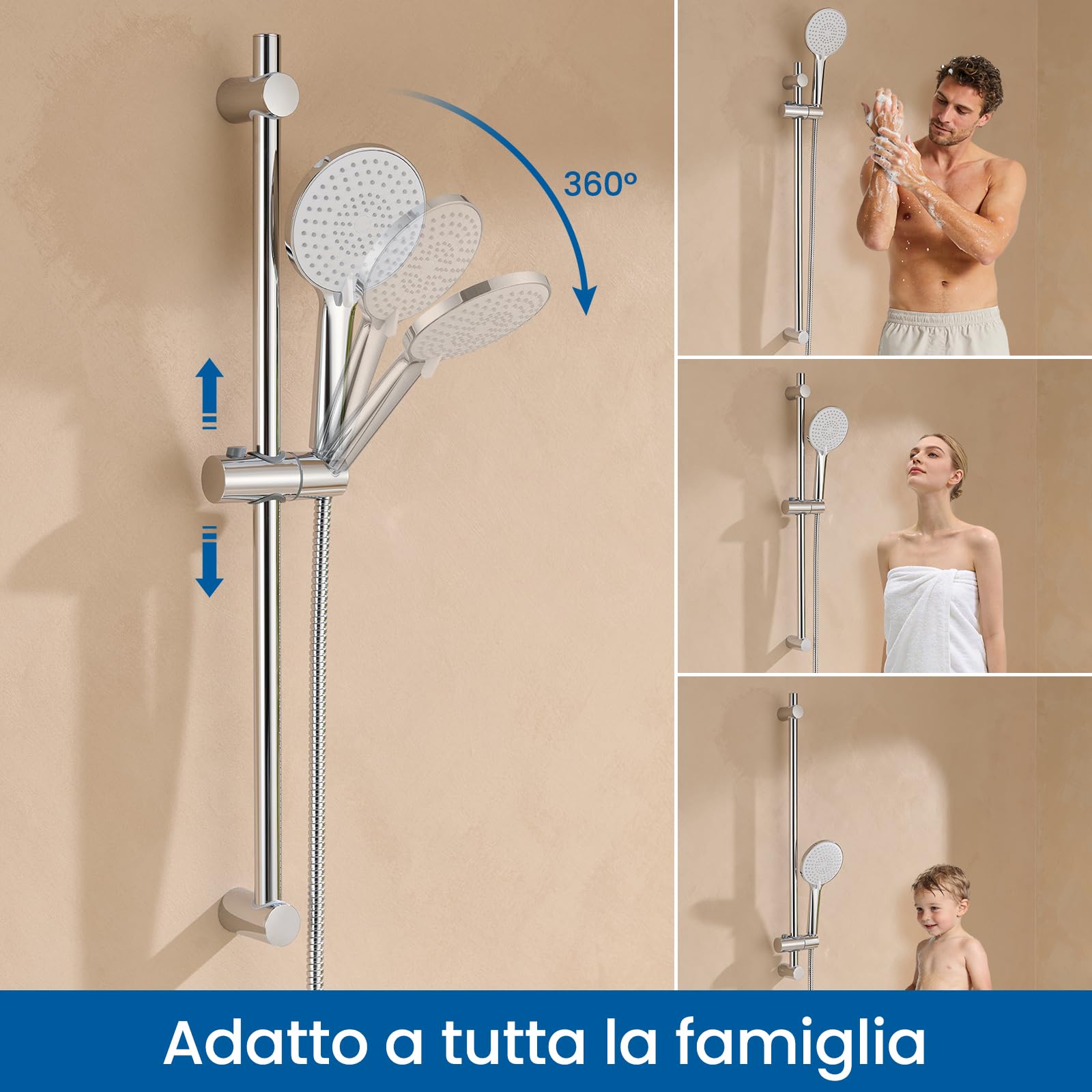 Auralum Colonna Doccia con Miscelatore e 70cm Saliscendi Doccia Acciaio Inox Regolabile, Rubinetto Vasca da Bagno con Doccetta 3 Geti e Tubo Doccia 1,5 m, Miscelatore Vasca da Bagno in Ottone Cromato