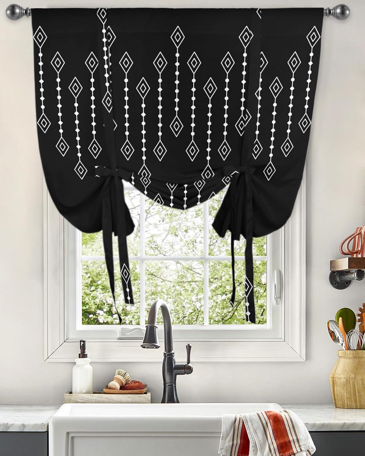 Bohemian Tie Up Window Shade Curtain Ethnic Diamond Kitchen Adjustable Balloon Curtains Shades Drape 52x63In for Living Room/Bedroom/Cafe Windows Vertical Lines on Black