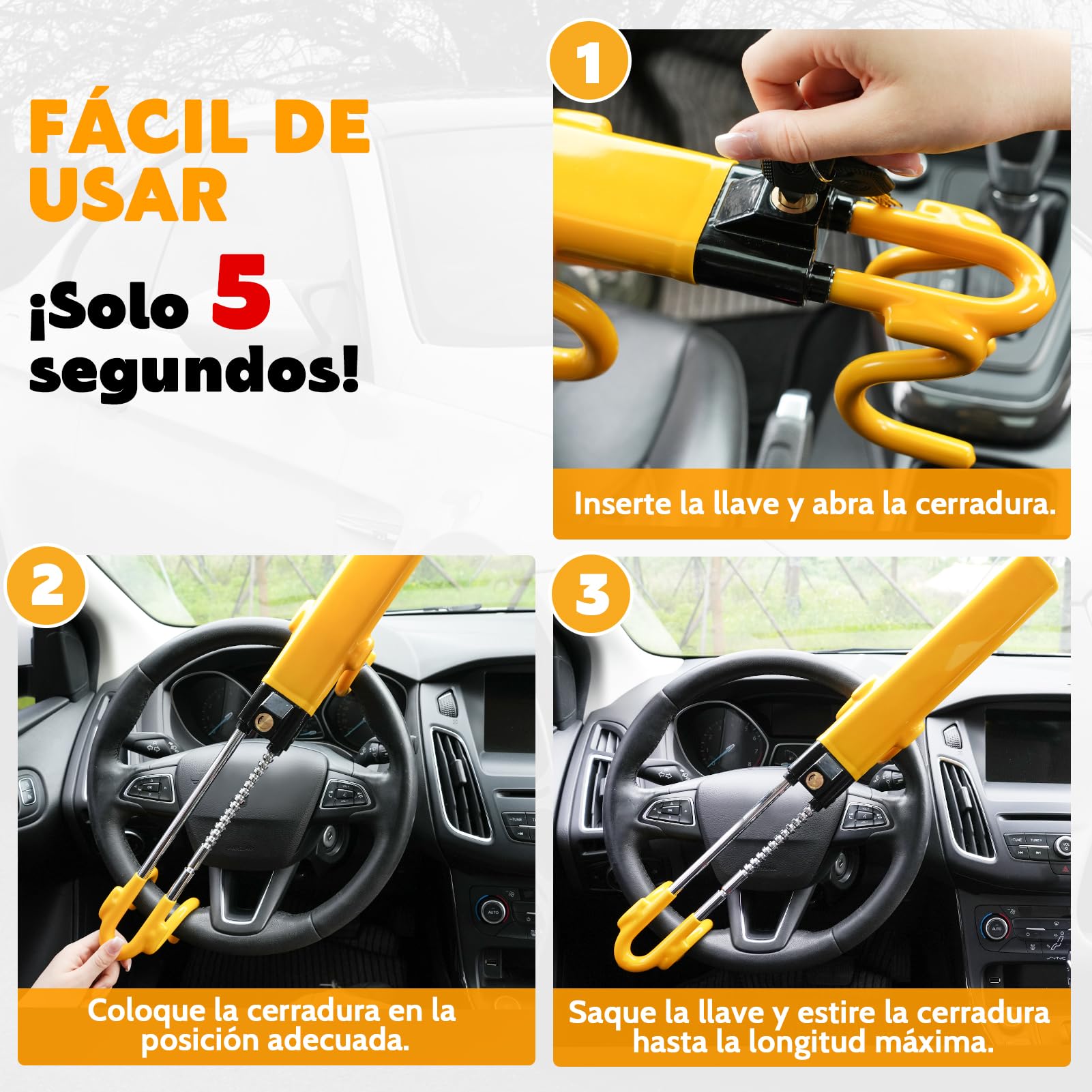 Tevlaphee Antirrobo Coche, Barra Antirrobo Coche, Más Visible, Servicio Pesado, Ajuste Universal, 3 Llaves(Amarillo)