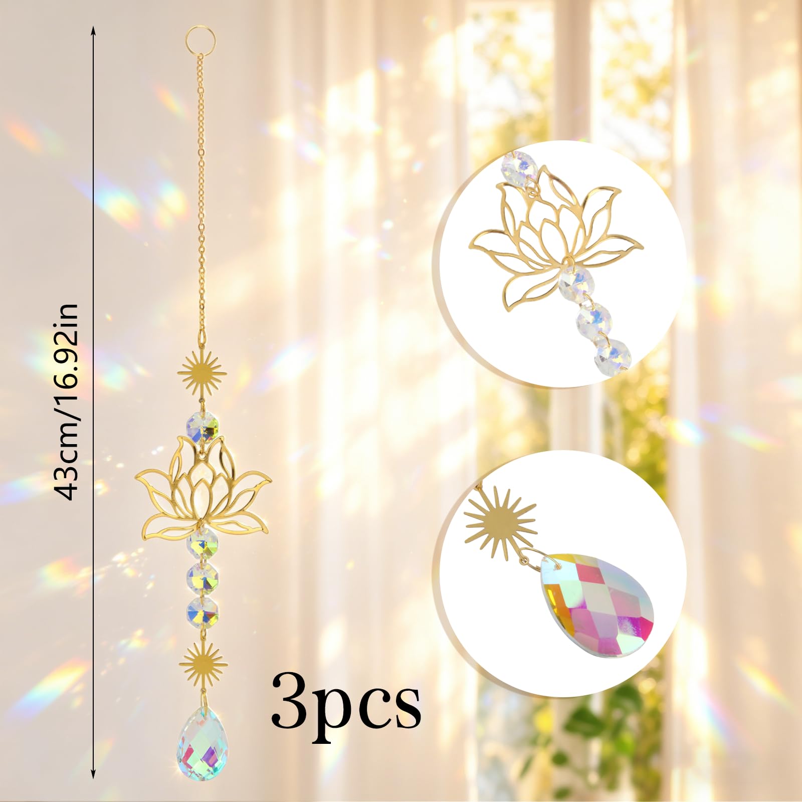 3 Pezzi Acchiappasole Cristallo Acchiappa Sole Fiore di Loto Acchiappasole da Appendere Pendenti Prismi Cristallo Sun Catcher Adatto per la Casa il Balcone I'ufficio e il Giardino