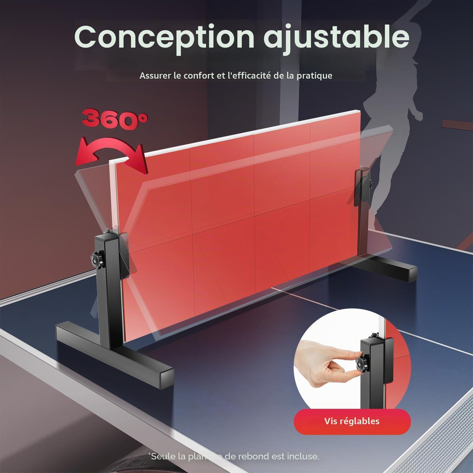 Ping Pong Rebounder Planche de tennis de table rebond avec 8 caoutchoucs rouges, équipement d'auto-entraînement pour la maison, la gym, l'intérieur et l'extérieur