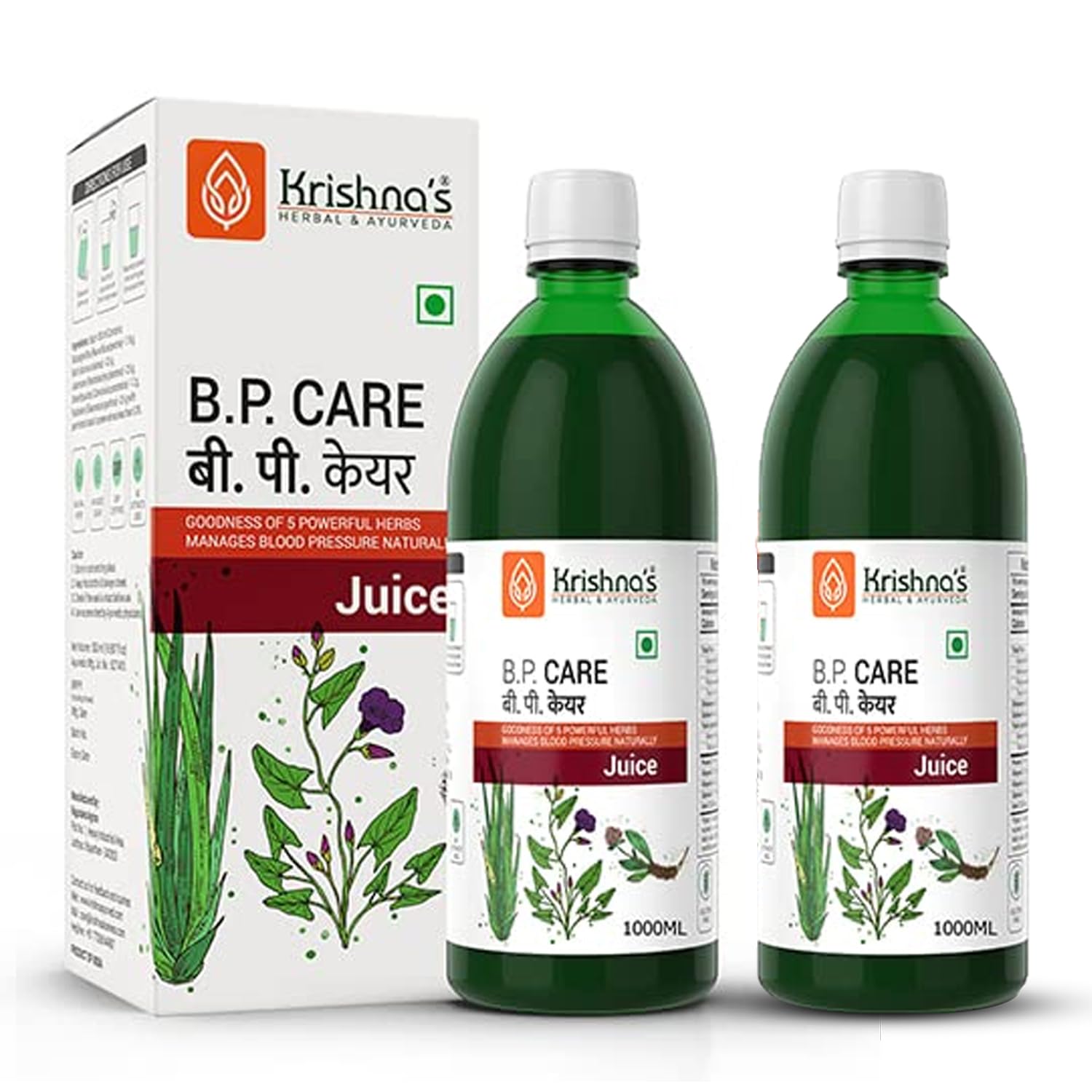 Krishna's BP Care Juice -1000 ml | Ayurvedic way to manage BP & Cholesterol Level with Sarpgandha, Shankhpishi & 3 natural herbs - (Pack of 2)