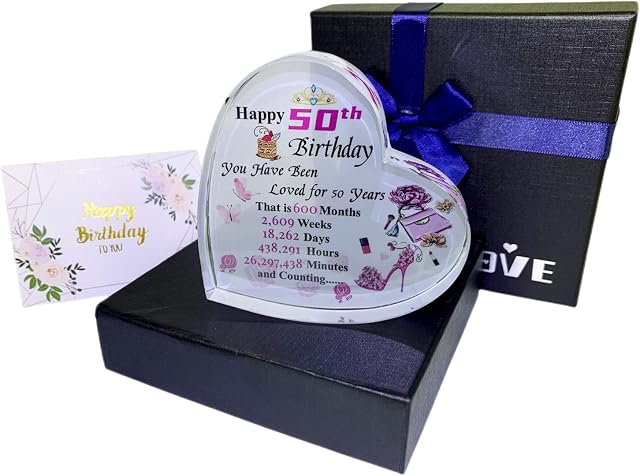 50th Birthday Gifts for Women,50th Birthday Gifts for Wife, Mum, Sister ,Heart Crystal Keepsake,Unique 50th Birthday Present Ornament Collection for Her