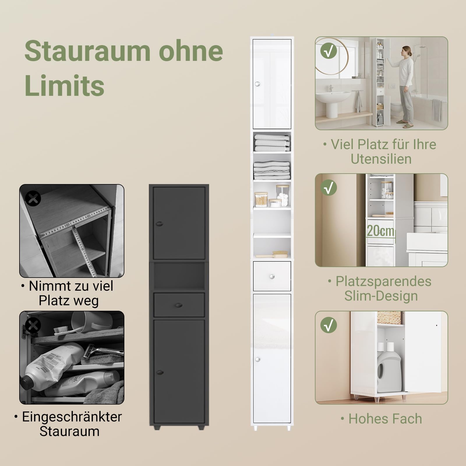 SoBuy Hochglanz Badezimmerschrank Schmal Hochschrank Bad 20x20x180 cm Weiß | Platzsparender Nischenschrank Badezimmer mit Verstellbarem Boden & Schublade BZR167-GW