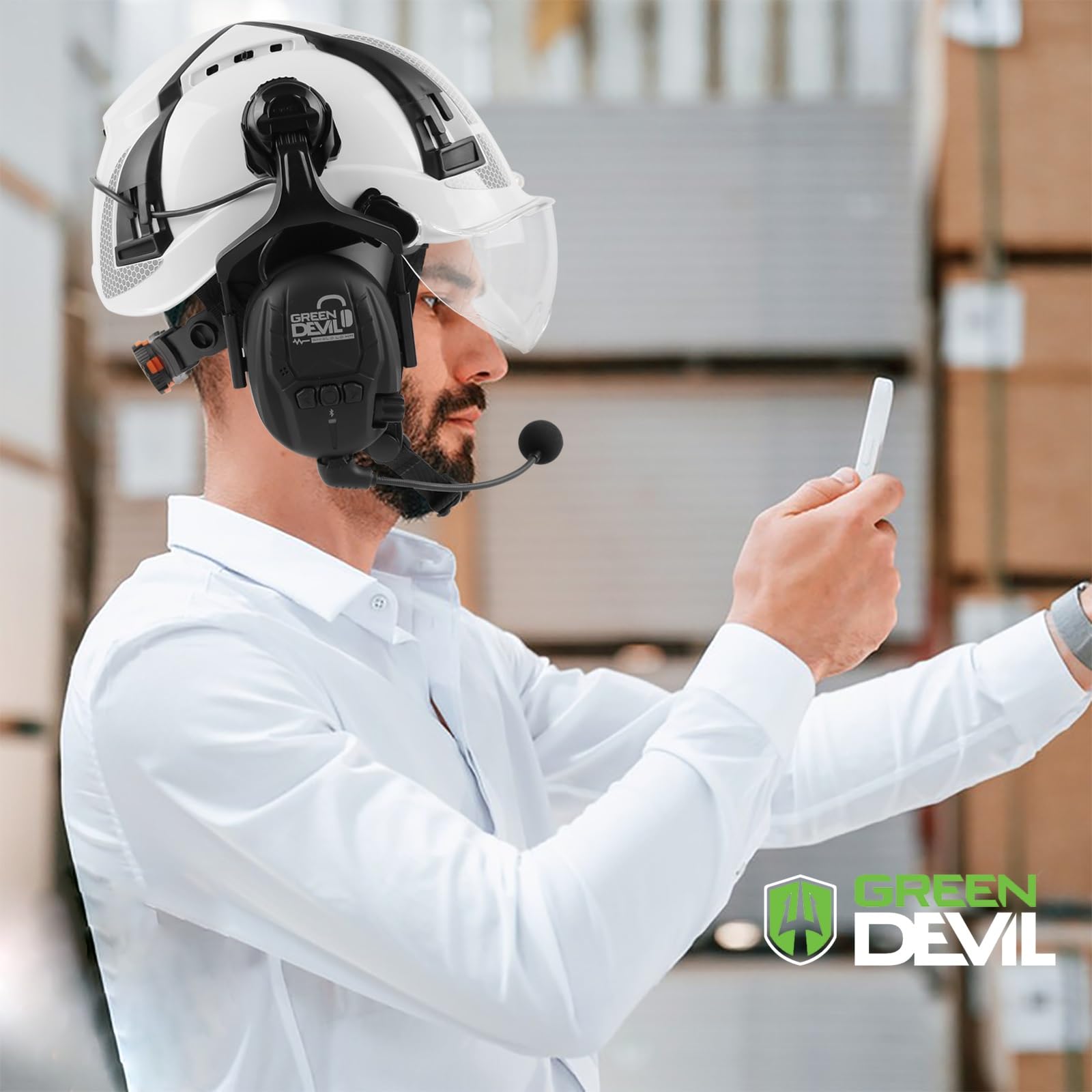 GREEN DEVIL X-Armor Casco protettivo con protezione dell'udito attiva e visiera trasparente, casco da lavoro, casco di sicurezza ABS EN 397, casco industriale conforme alla norma EN352, SNR 32 dB con