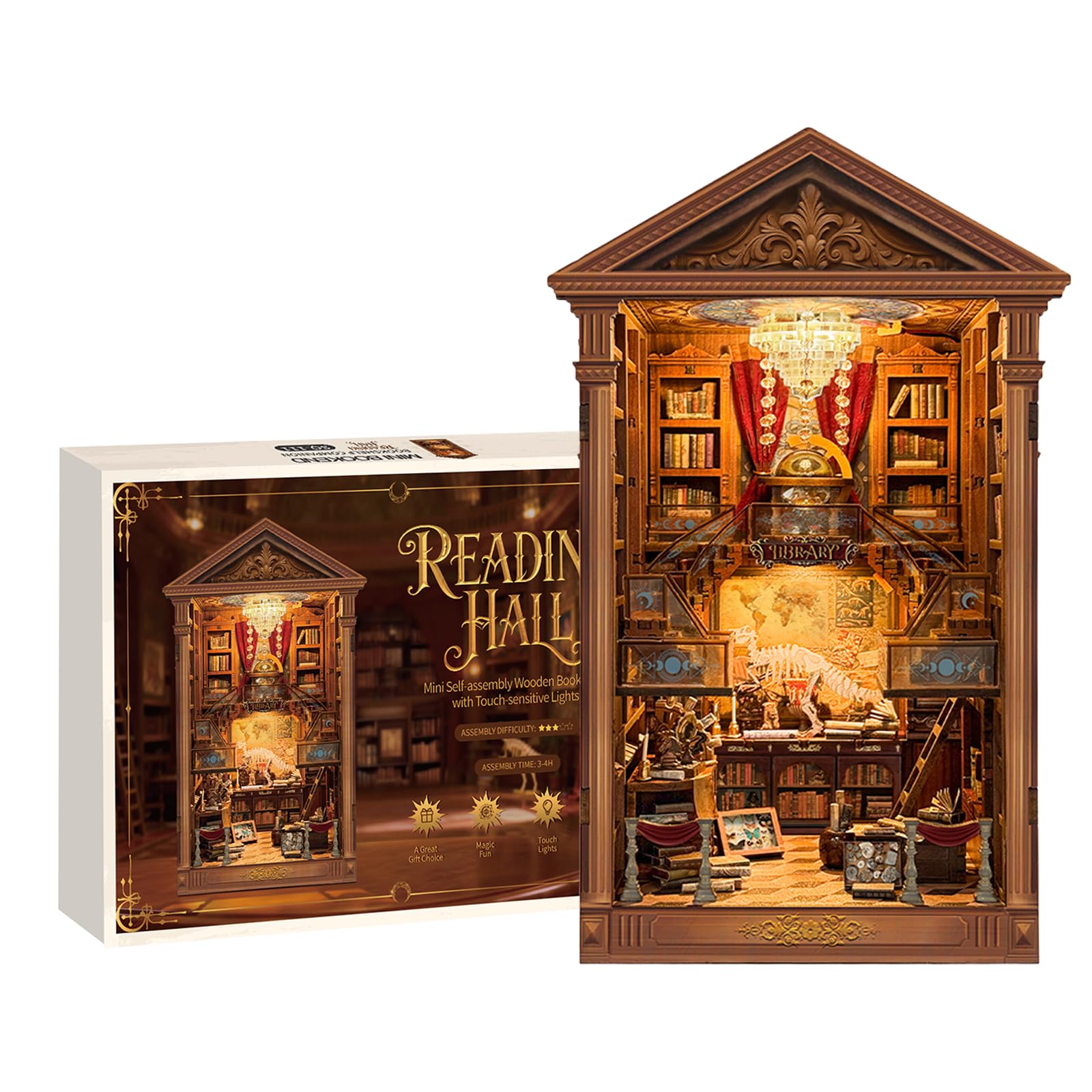 STRUCWOOD DIY Book Nook Kit 3D Wooden Puzzle with LED Lights & Dust Cover Miniature House Bookshelf Insert for Home & Office Decor Holiday Craft Gift for Adults—Reading Hall （SQ-111）