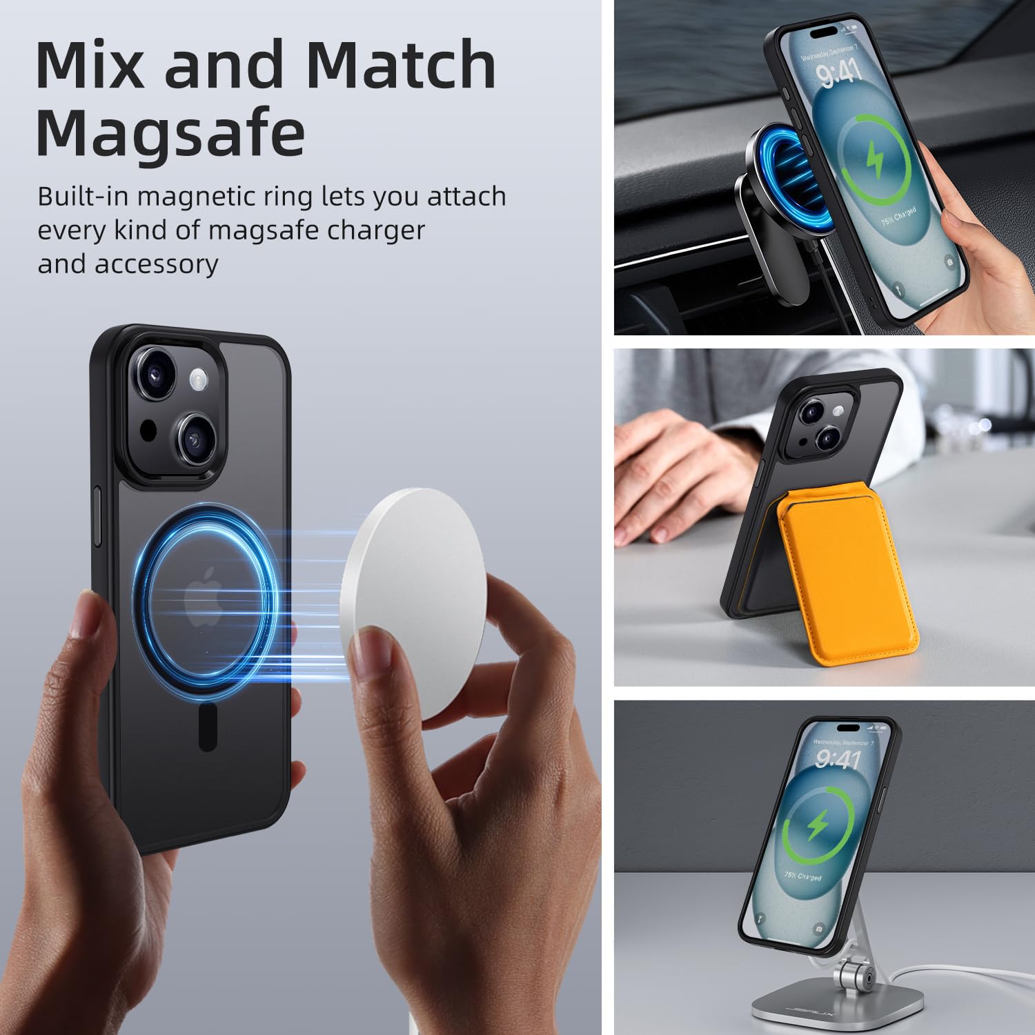 tigratigro Cover Magnetica per iPhone 15 Plus, Compatibile con MagSafe, Custodia Traslucida Opaca Posteriore Sottile Antiurto Protettiva Case, Protezione Antiurto di Grado Militare, Nero