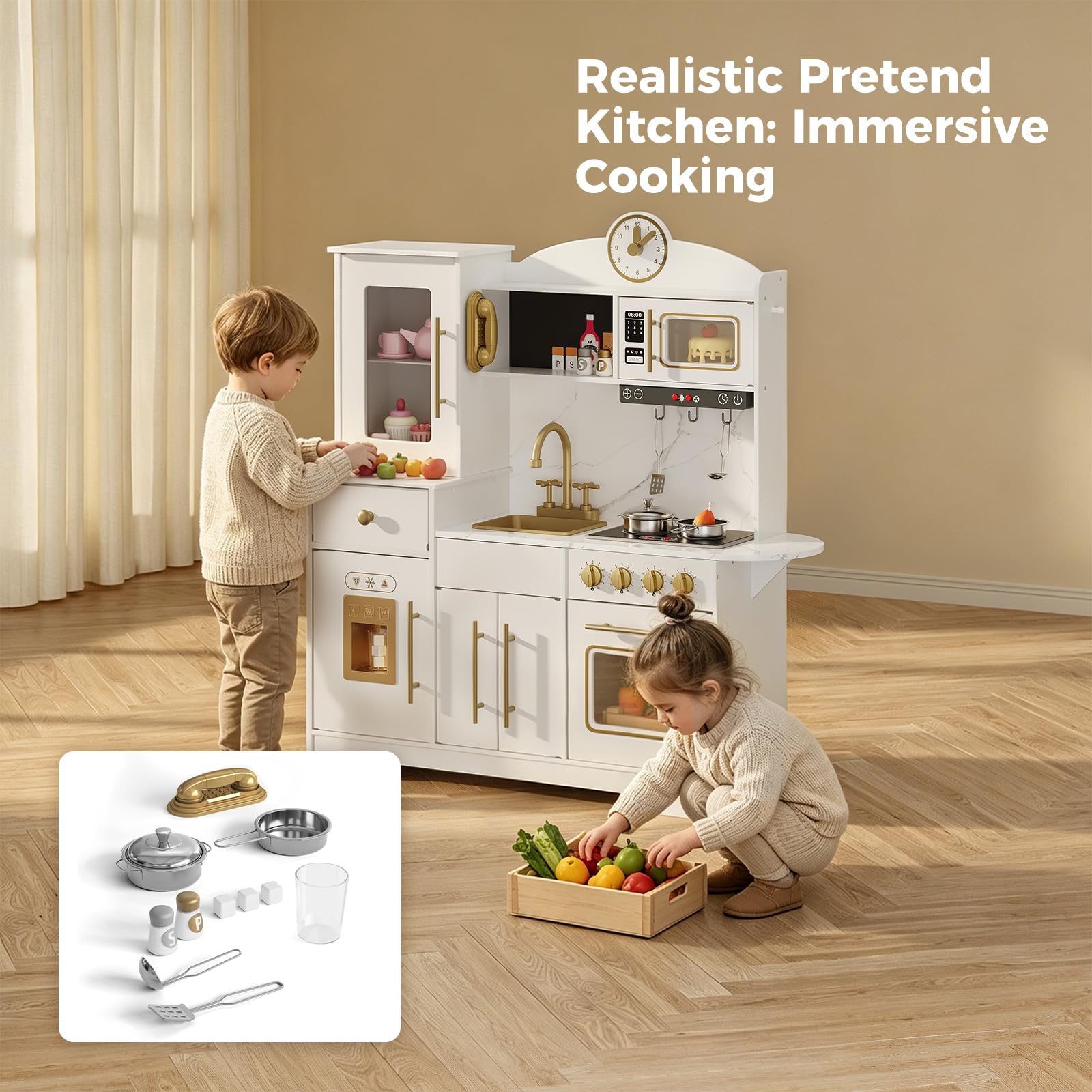 Kinderküche Spielküche Kinder, Holz Kinder Küche Mit Licht & Sound- Kreidetafel Mikrowelle Herd Spüle Kochutensilien Eismaschine Lernspielzeug Für Ab 3 Jahre Geburtstagsgeschenk,99.8×32×105 cm, Weißa