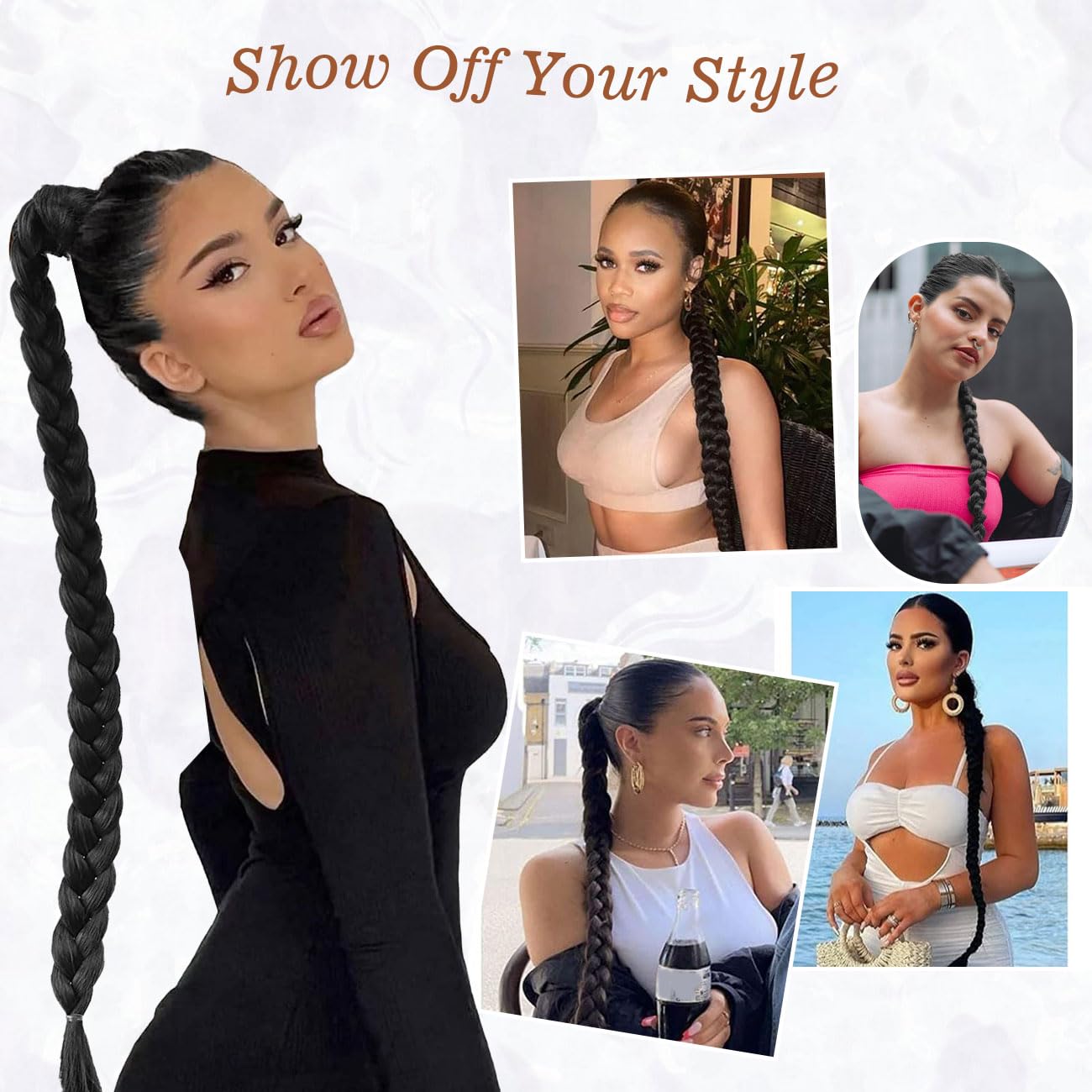 2 PCS 76 cm Estensioni intrecciate Coda di cavallo con elastico Cravatta, treccia lunga Accessori Parrucca Posticci Capelli lisci naturali Ponytail finta sintetiche Donne Quotidian, Nero