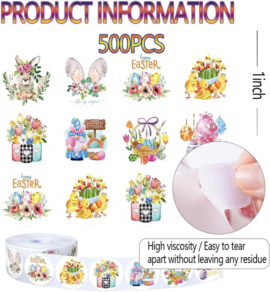 500PCS Easter Bunny Stickers 12 Designs Spring Easter Egg Rabbit Stickers Roll 1in Waterproof Self-Adhesive Decorative Label Rabbit Sticker for Envelopes Scrapbook Holiday Party Decorations