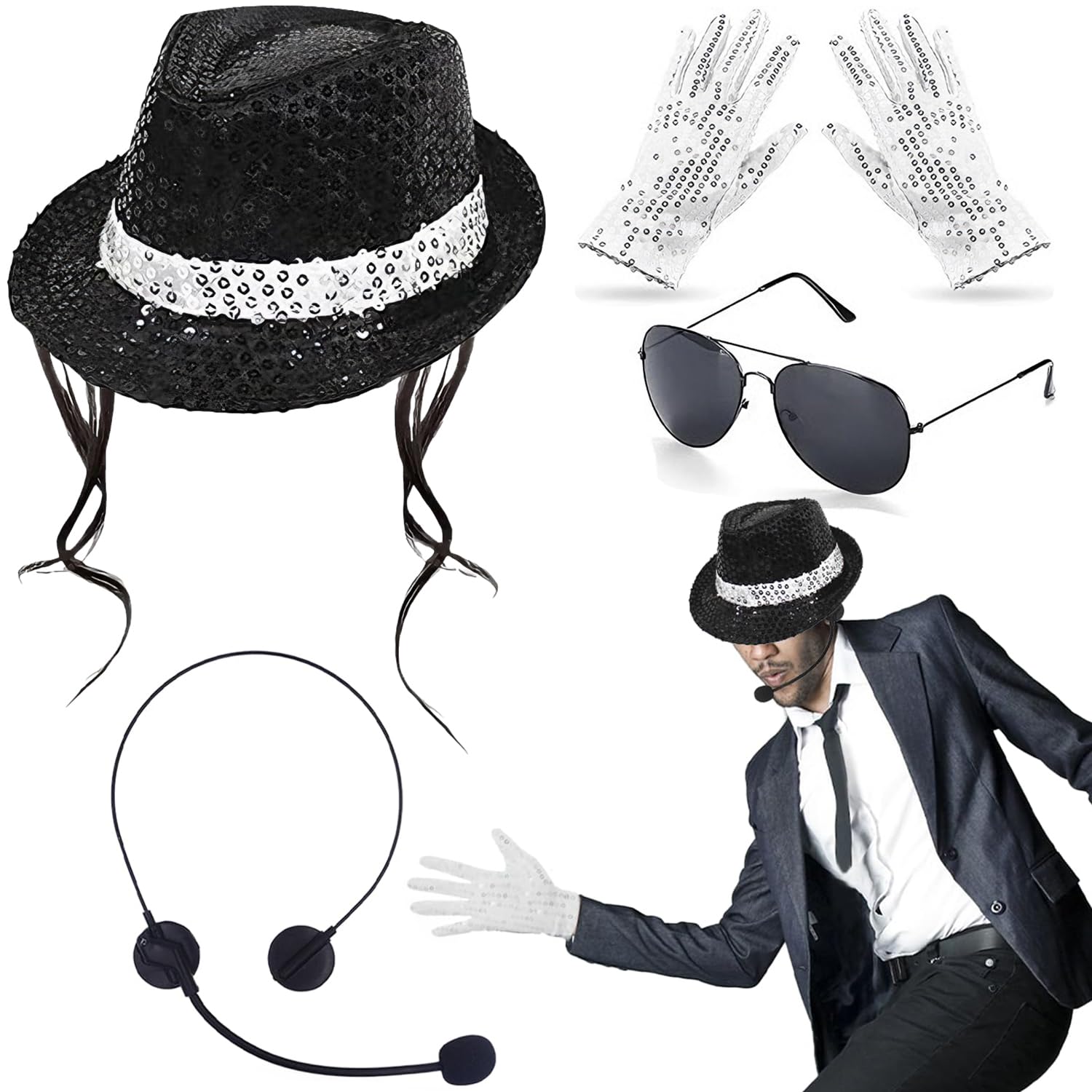 MJ Costume Accessories Adults Disco Costume Set 80s Dancer Rocker Star Cosplay Fancy Dress Accessories with Jazz Sequin Hat GloveTie King of Pop Fancy Dress Set for 80s Party Carnival Dance Party-C