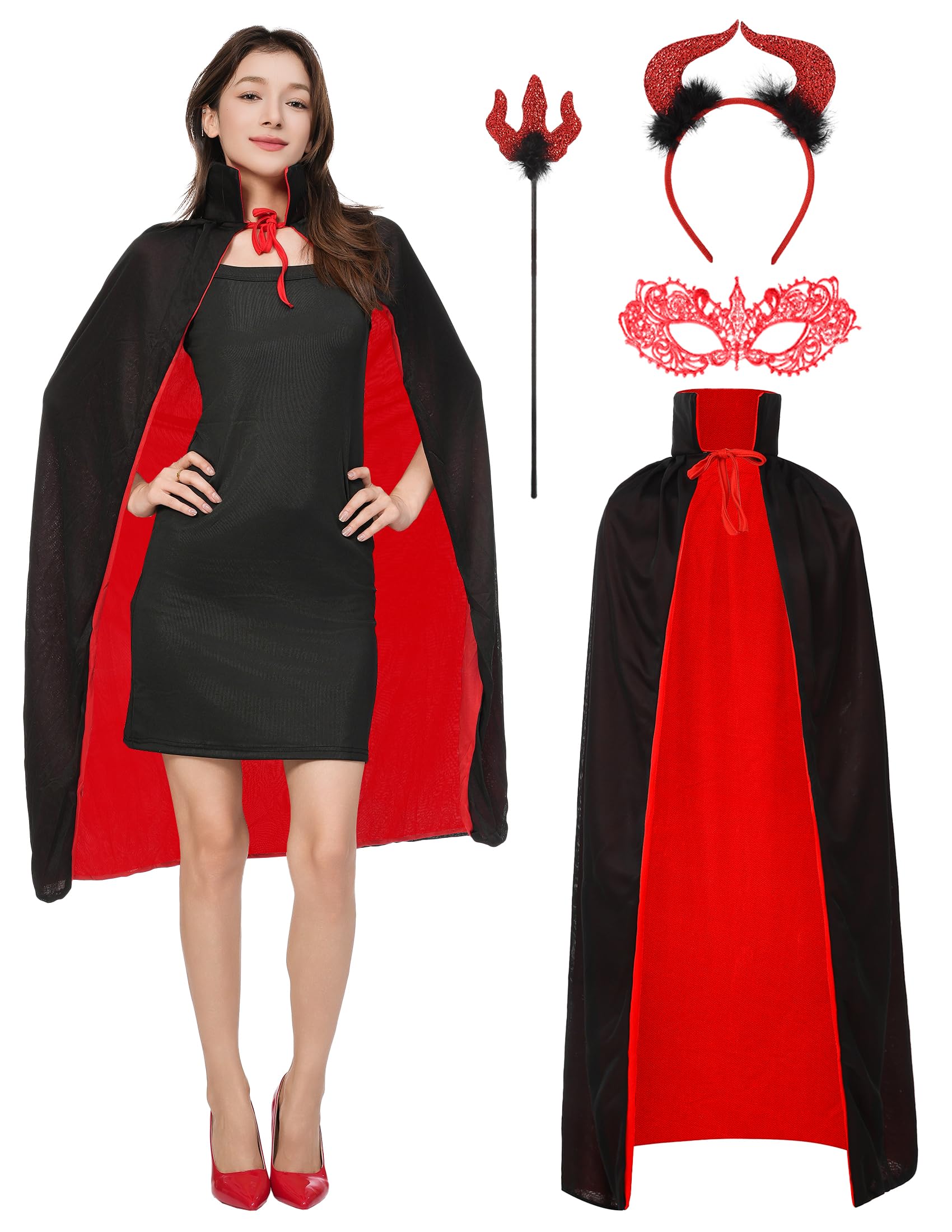 NMKL 4Pcs Halloween Devil Costume Women Set Reversible Devil Cloak with Devil Horns Headband Devil Fork and Eye-mask for Cosplay Party Outfit (120)