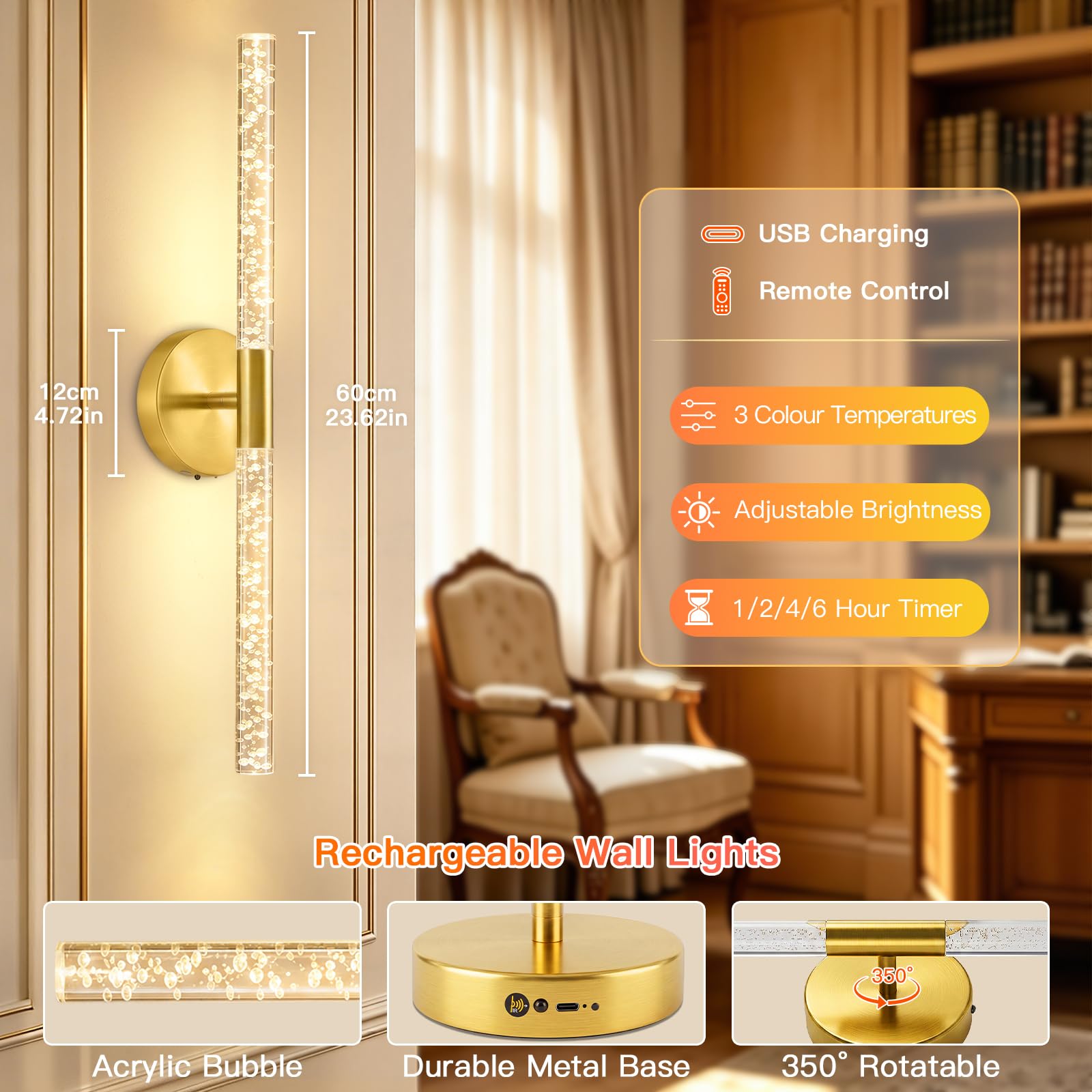 Ketom LED Wandleuchte Innen Akku Gold, Wandlampe Innen Dimmbar, 2 Stück | Akku Wandlampe mit Fernbedienung und Timer, 3 Farbtemperaturen, Drehbar Lampe Wand Aufladbar, Wandbeleuchtung Schlafzimmer