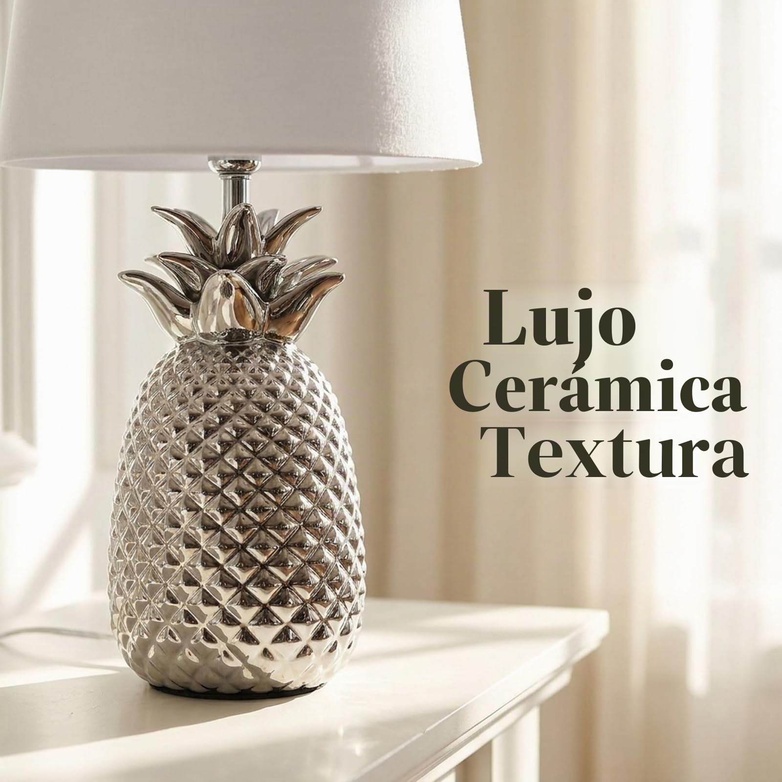Aigostar 197209 - Lámpara de Cerámica, casquillo E14. Forma de piña, Plateado. Lámpara de Mesa o Mesita de Noche, Pantalla de Tela, Lámpara Escritorio Diseño moderno para Dormitorio, Estudio, Salón