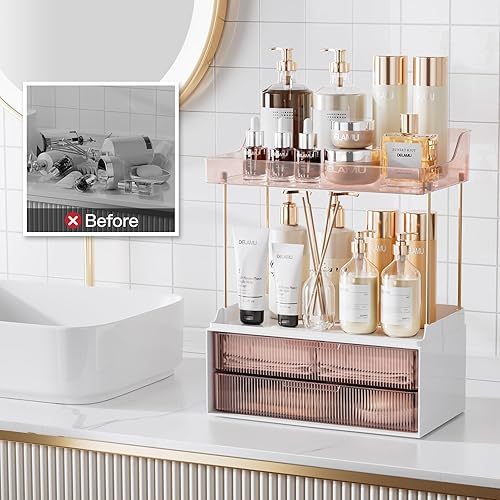 Vista 60 de Delamu Organizador y almacenamiento de baño, 2 niveles y 2 cajones, organizador de maquillaje, fácil de instalar, ideal para encimera de baño