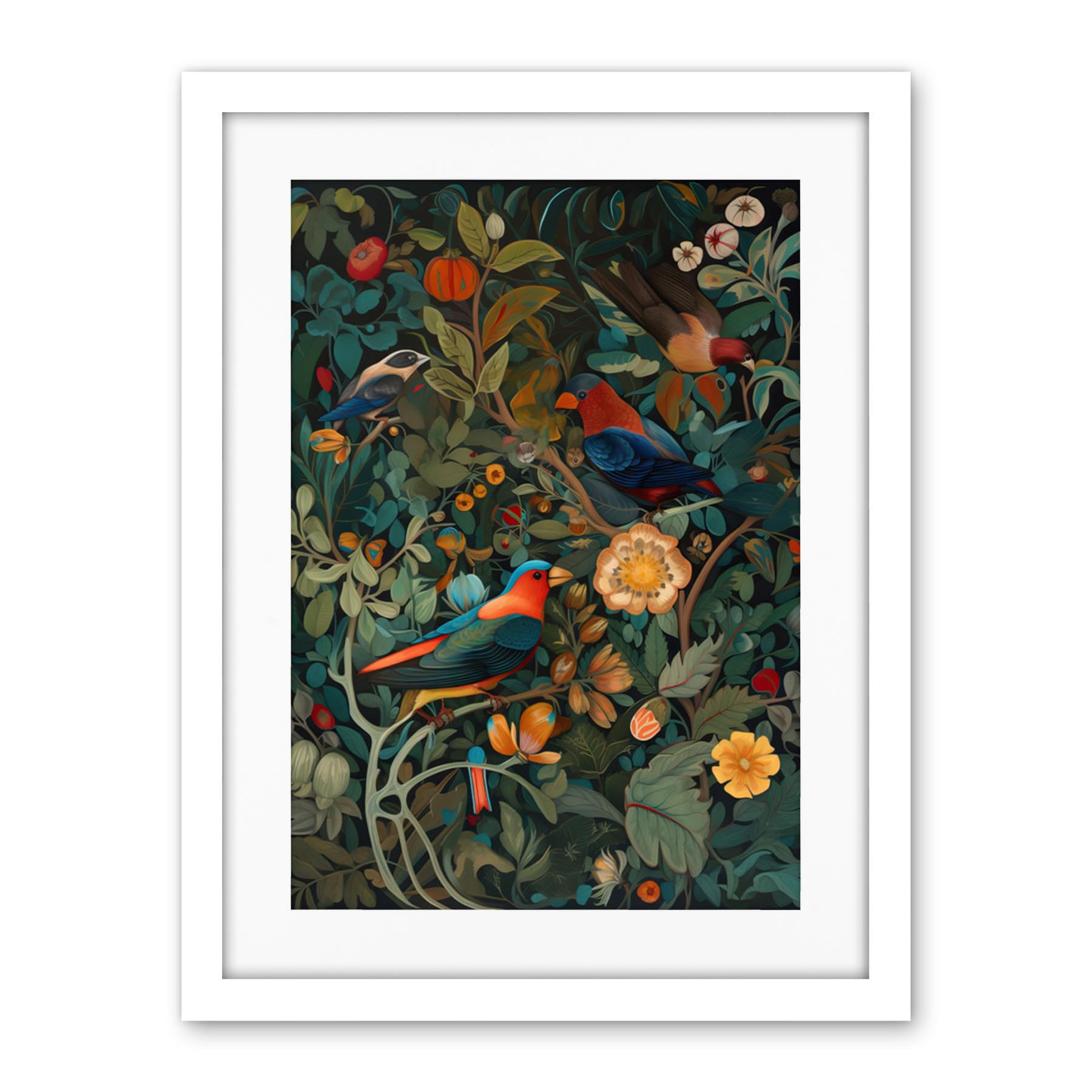 Artery8 Parrots on Exotic Blooming Trees Modern Folk Art Artwork Framed Wall Art Print 18X24 Inch