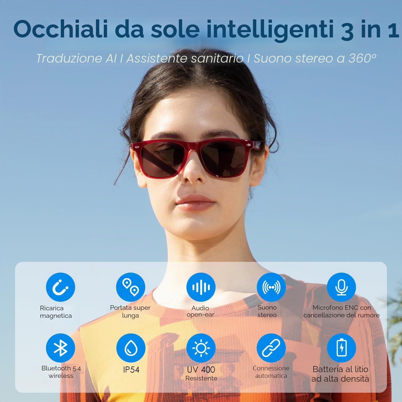 GetD Occhiali Bluetooth, Occhiali Audio Intelligenti a Orecchio Aperto con Altoparlante e Microfono, Occhiali da Sole Polarizzati Rotondi Grandi per Donne e Uomini (Telaio Rosso + Lenti Grigio)