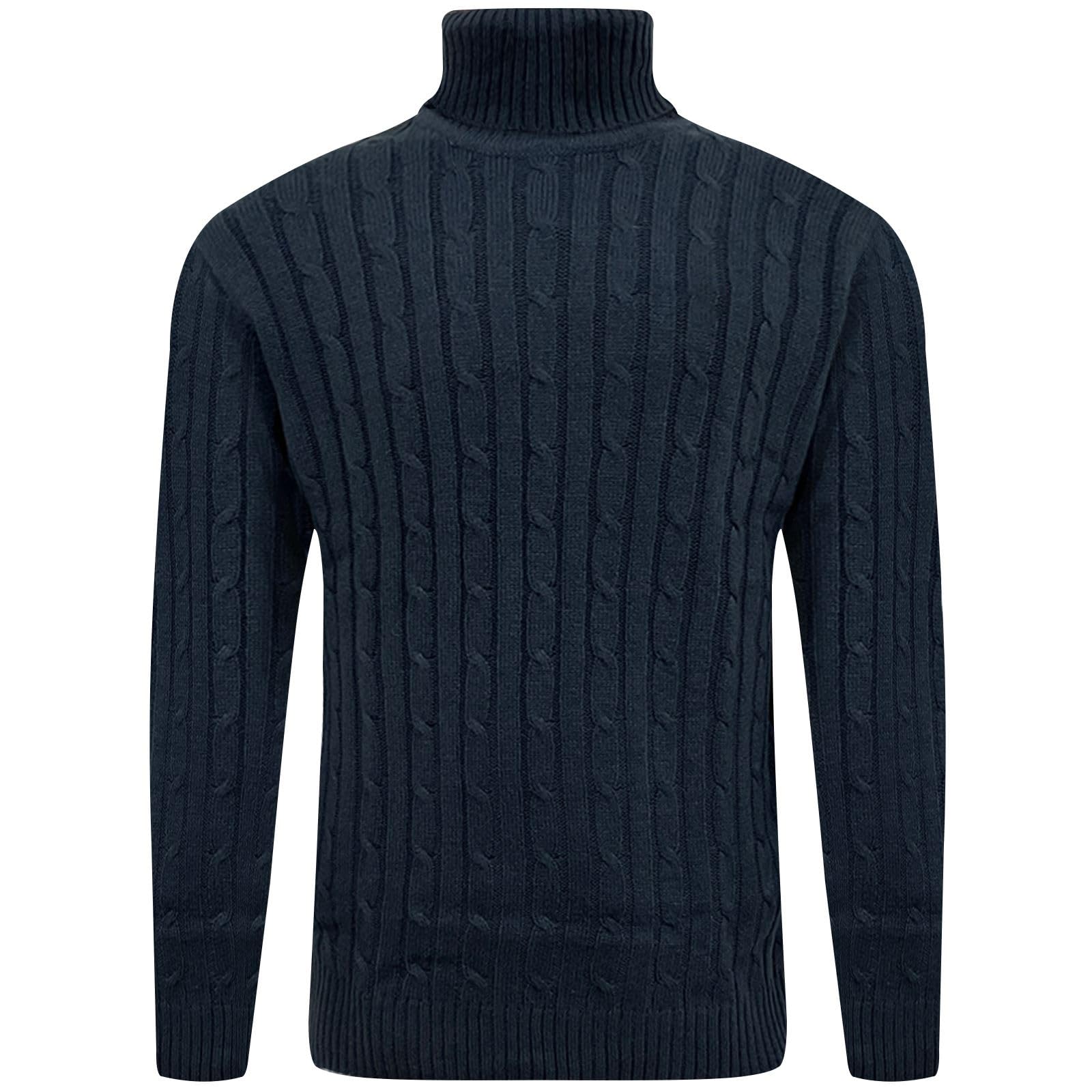 FashionEgo Mens Cable Knit Turtle Neck Jumper Polo Roll Neck Sweater Pullover Ribbed Knitwear Fisherman Menswear Pullover, Navy - FE, XXL