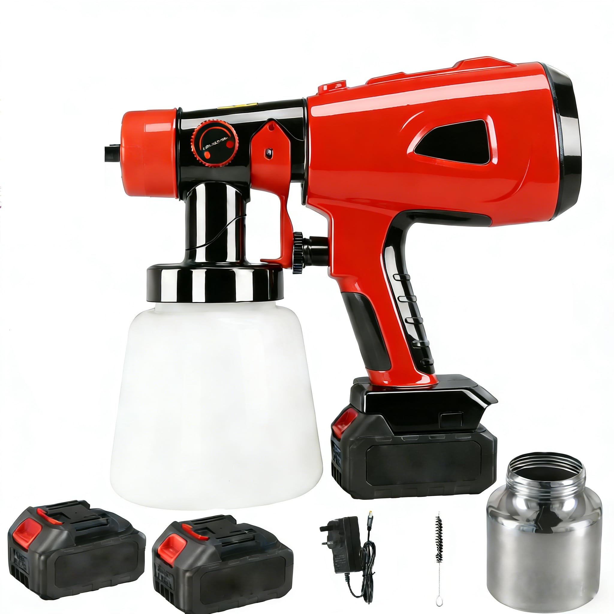 Pulverizador de Pintura Inalámbrica 850 W, 800 ml Sistema de Pulverización de Pintura con 2 x 2600 mAh 21V Batería y Cargador, 5 Boquillas, 2 Recipiente de Pintura, para Paredes, Techos, Vallas