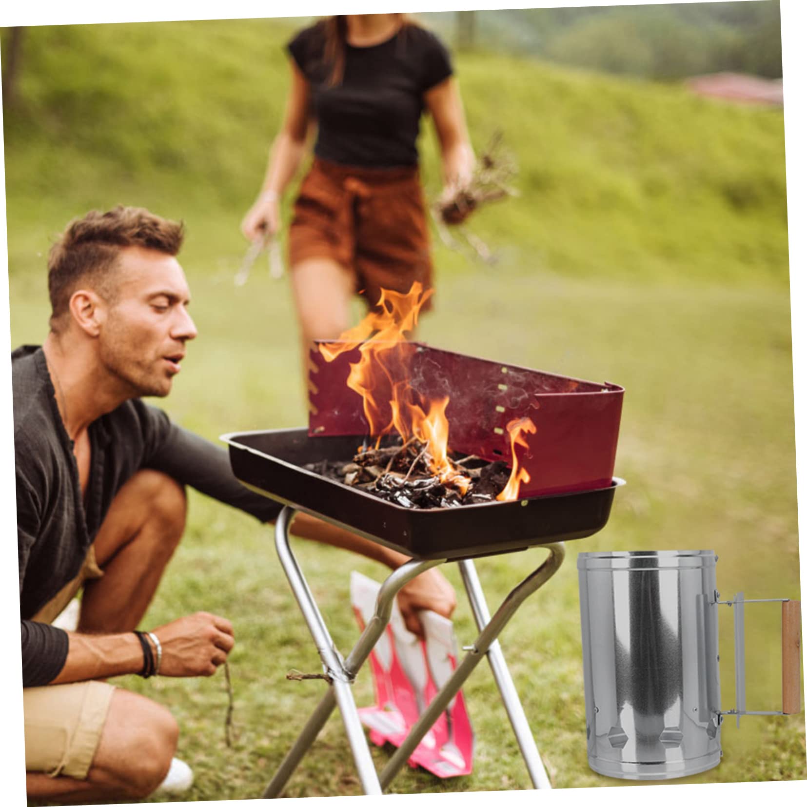Abaodam Accenditore Carbone Barbecue da Esterno 1 Pz in Alluminio | Manico in Legno, Base Ampia, Accensione Rapida del Carbone, per Barbecue a Carbone