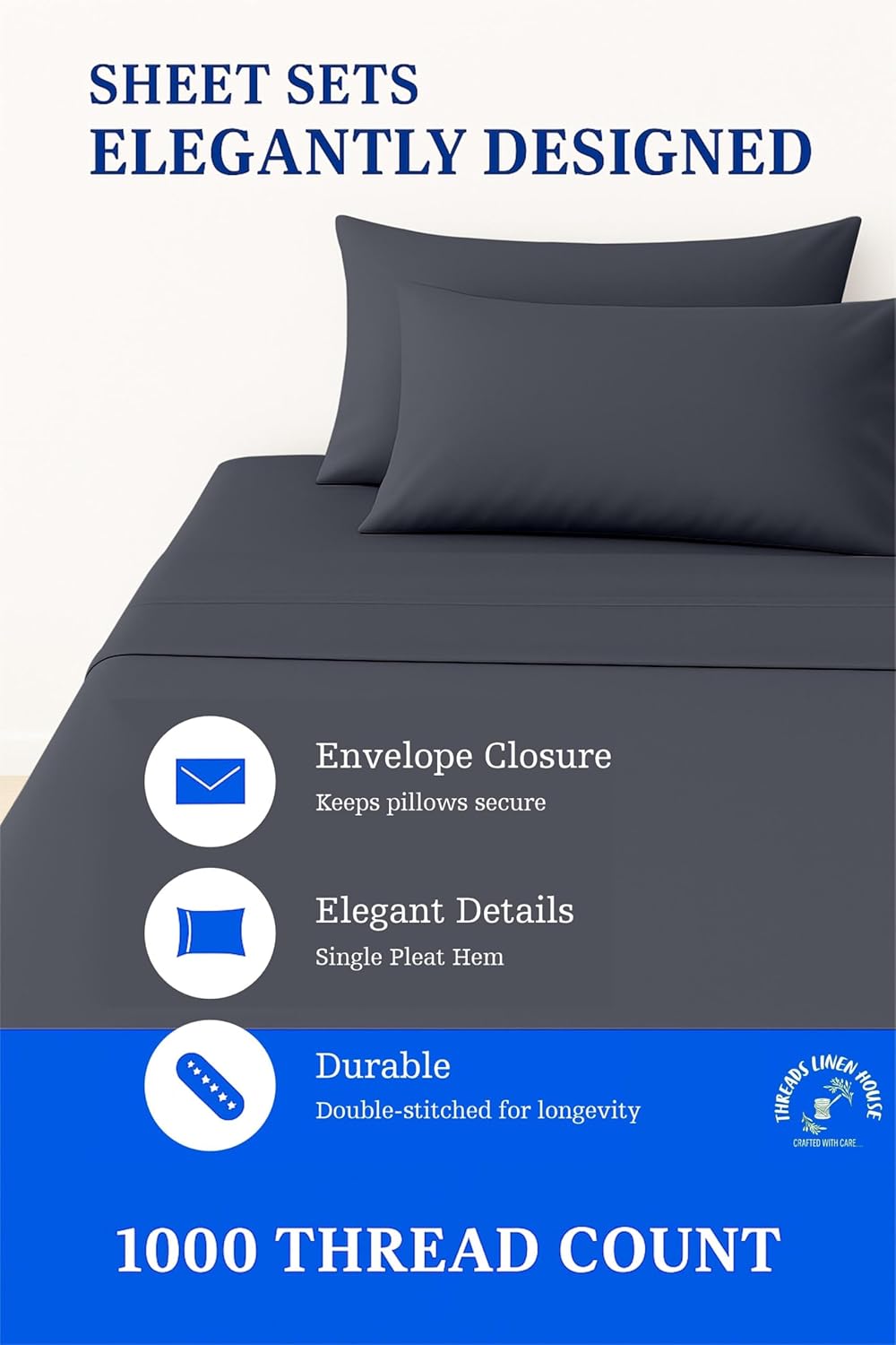 Threads Linen Twin Size 1000 TC 4 Piece Sheet Set 100% Egyptian Cotton Sateen Weave Breathable & Cooling 18" Deep Pocket Hotel Bedding Bed Sheets - 1 Flat, 1 Fitted Sheet & 2 Pillowcases (Dark Grey)